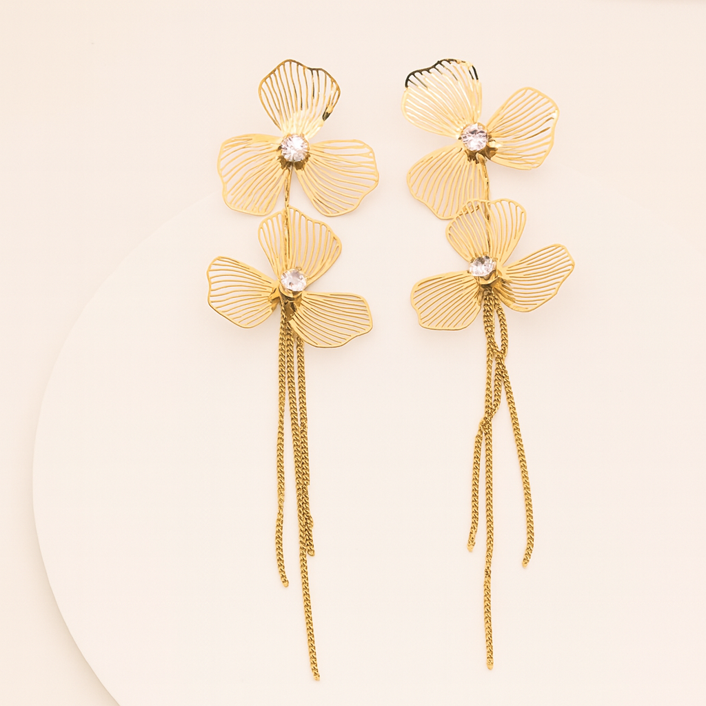✨ Gold Floral Cascade Earrings with Crystals ✨
