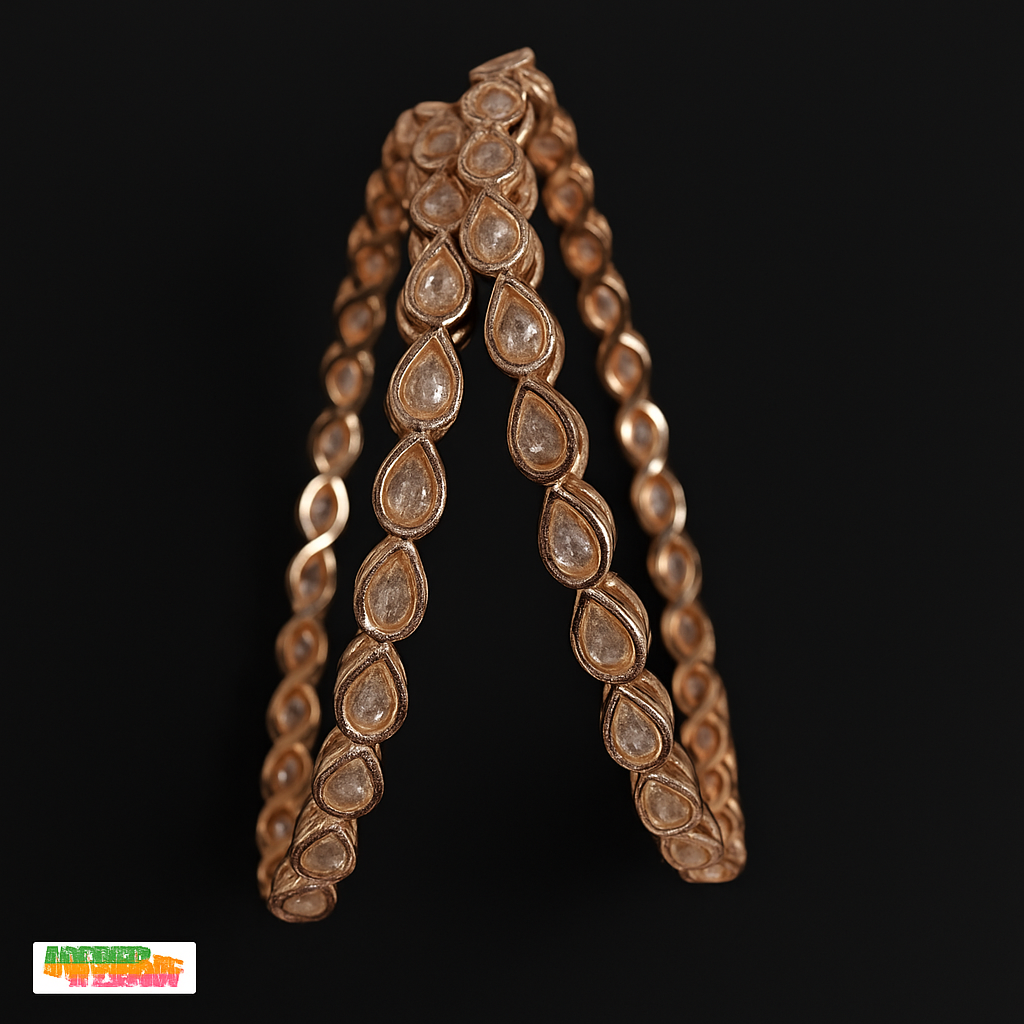 Rose Gold-Plated Kundan Bangles with Teardrop Stones (Set of 2) – Elegant Traditional Jewellery for Women
