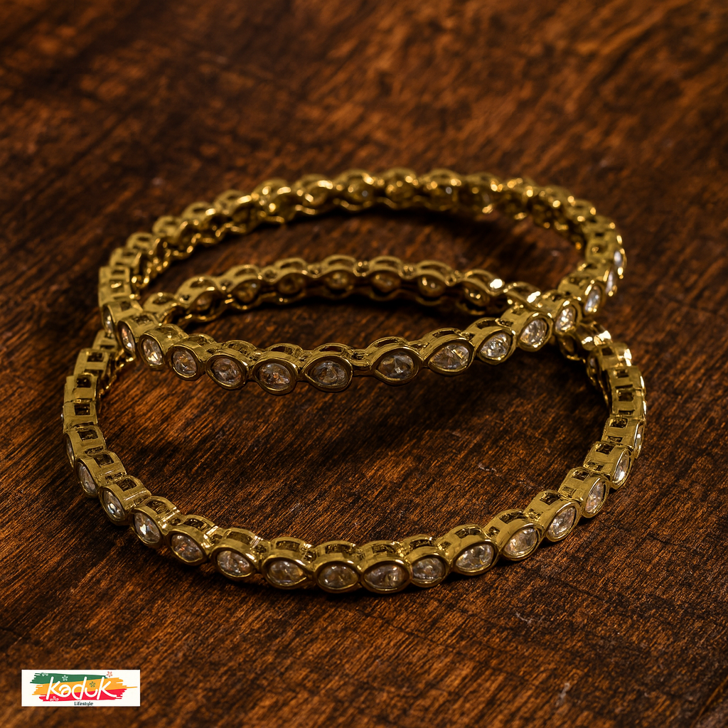 Gold-Plated Kundan Bangles with Teardrop Stones (Set of 2) – Elegant Traditional Jewellery for Women