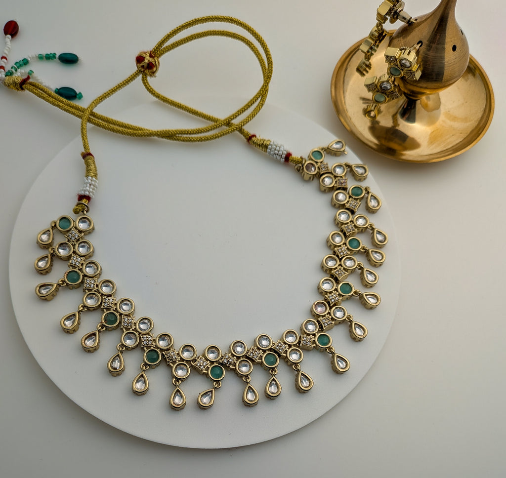 Antique Kundan Necklace with pastel  Green Stone Detailing & Earrings