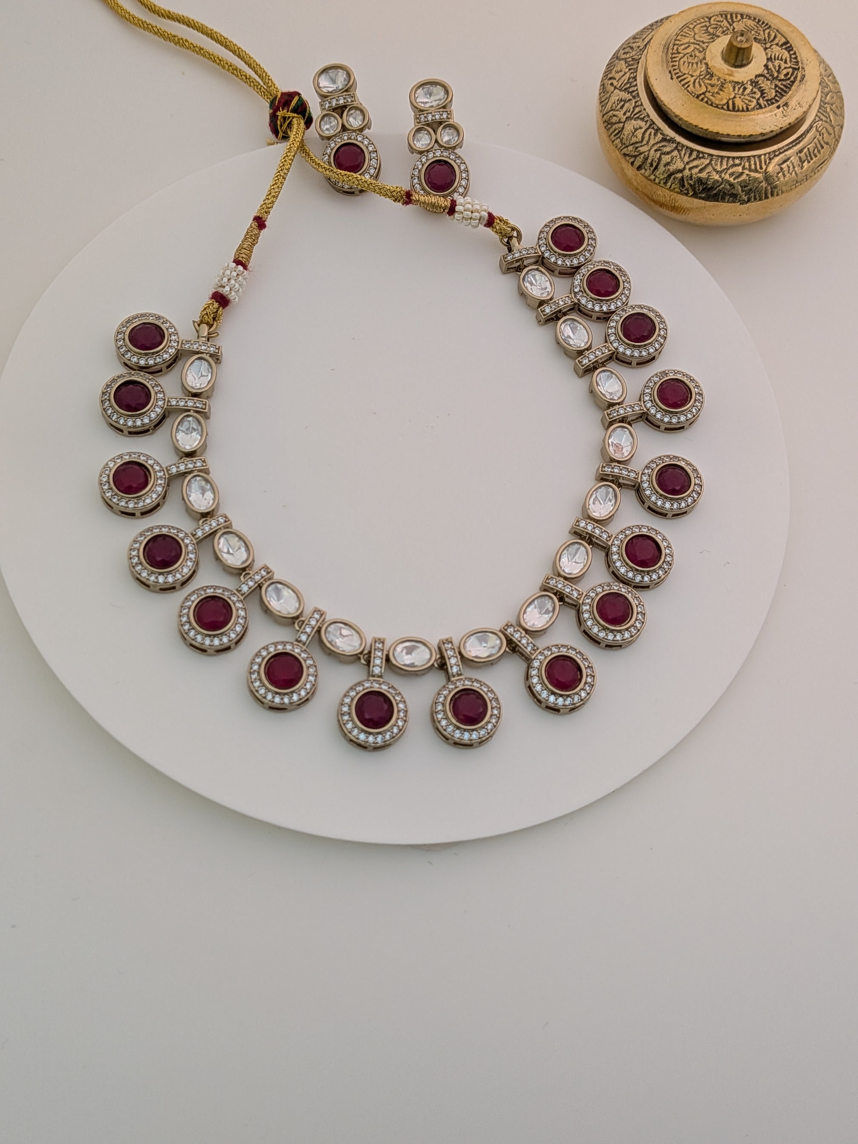 Maroon  Stone Kundan Necklace Set with Earrings