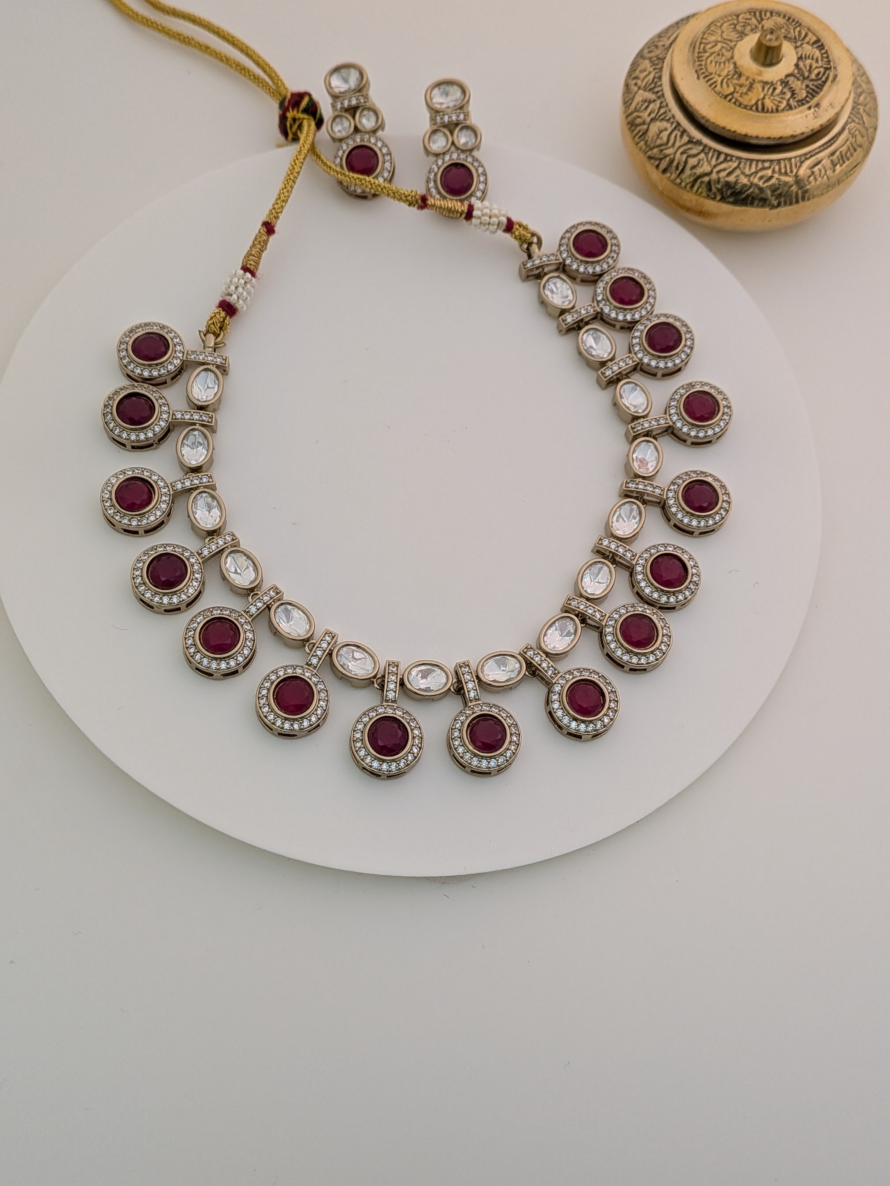 Maroon  Stone Kundan Necklace Set with Earrings