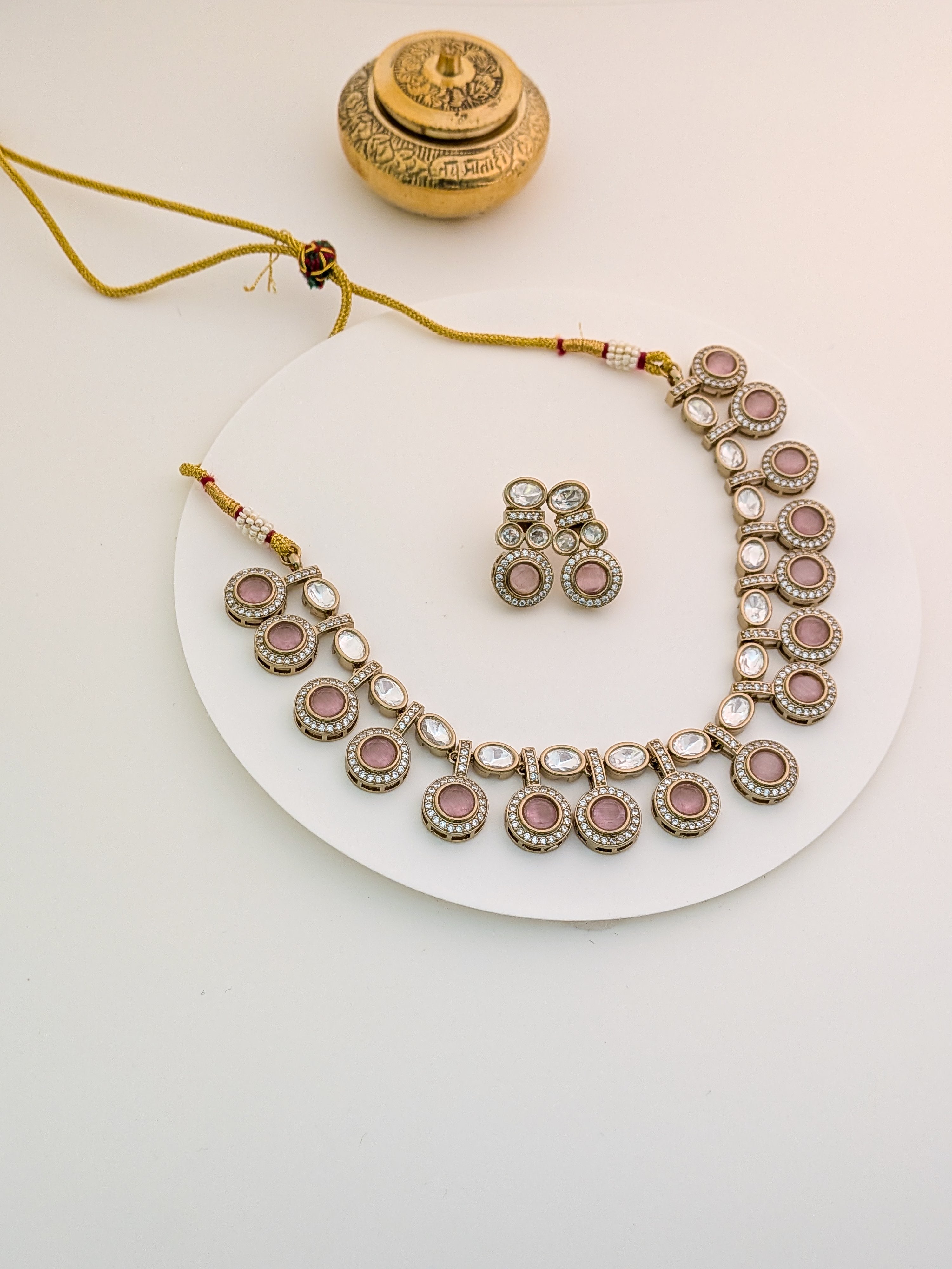 Pink Stone Kundan Necklace Set with Earrings