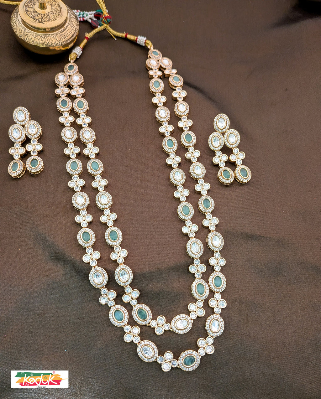 Long Layered Kundan Necklace & Earrings – Dual Tone Stones (Green & White )