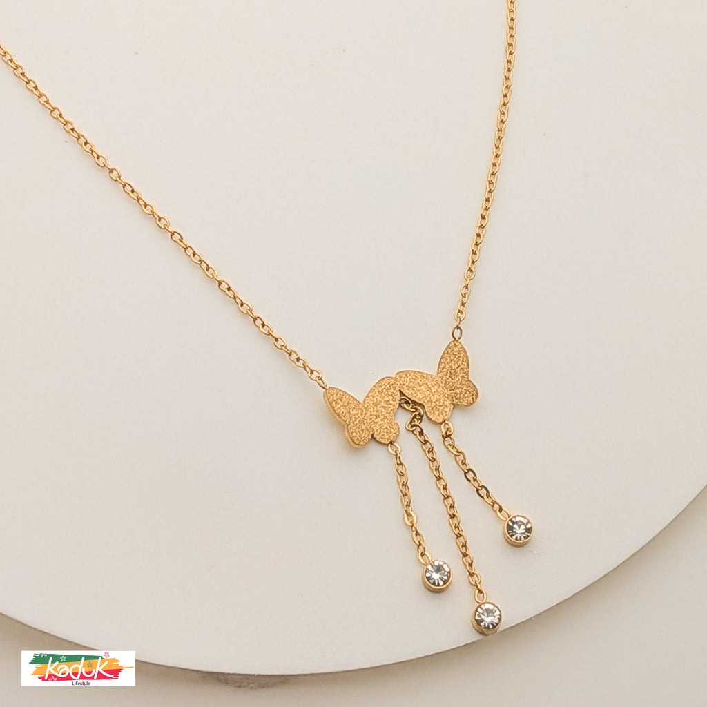 Gold Butterfly Pendant Necklace with Crystal Drops – Elegant Lightweight Jewelry