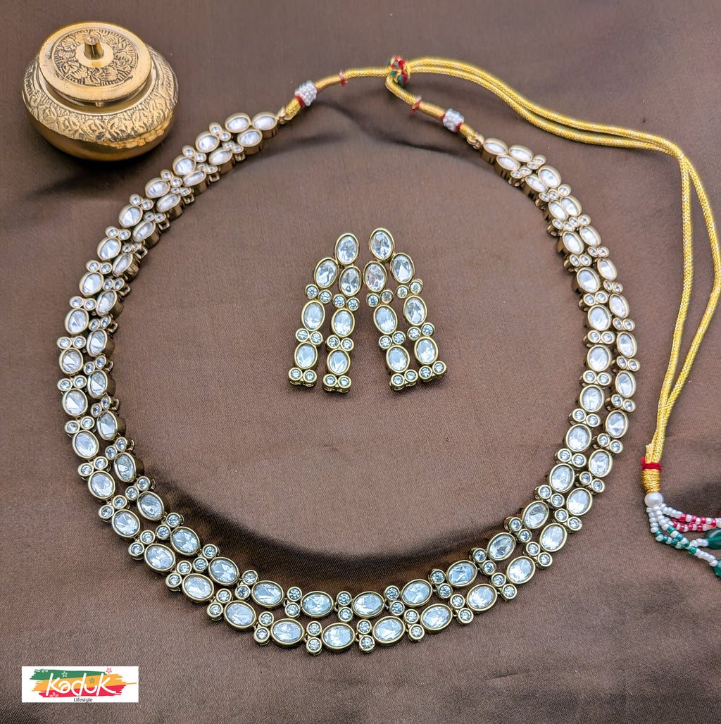 Classic White Kundan Necklace & Earrings – Double Layer Elegance