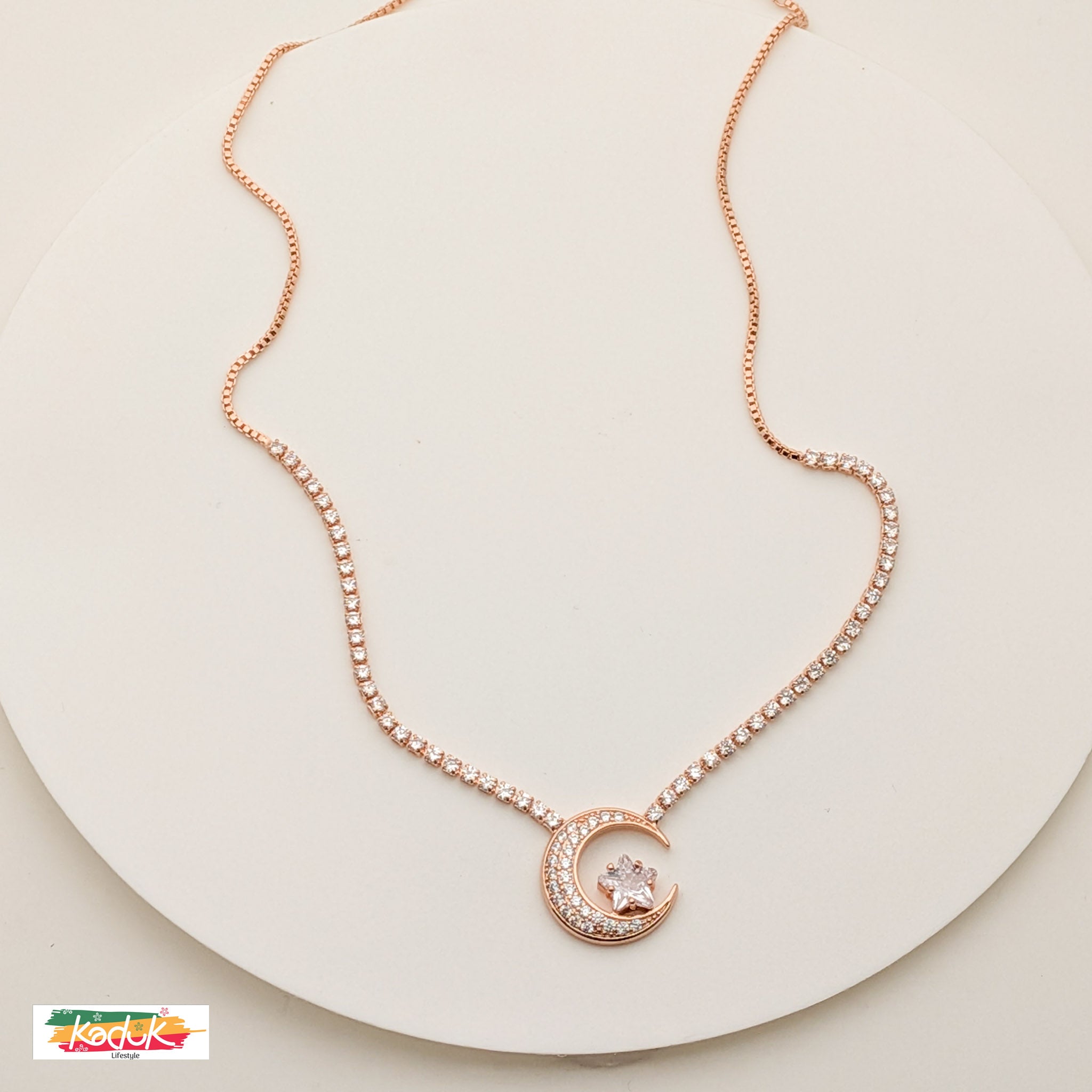 Rose Gold Crescent Moon & Star Pendant Necklace