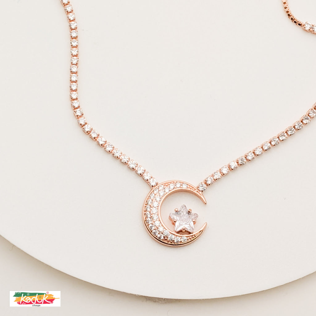 Rose Gold Crescent Moon & Star Pendant Necklace