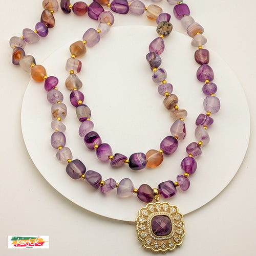Amethyst Beaded Necklace with Gold-Tone Pendant