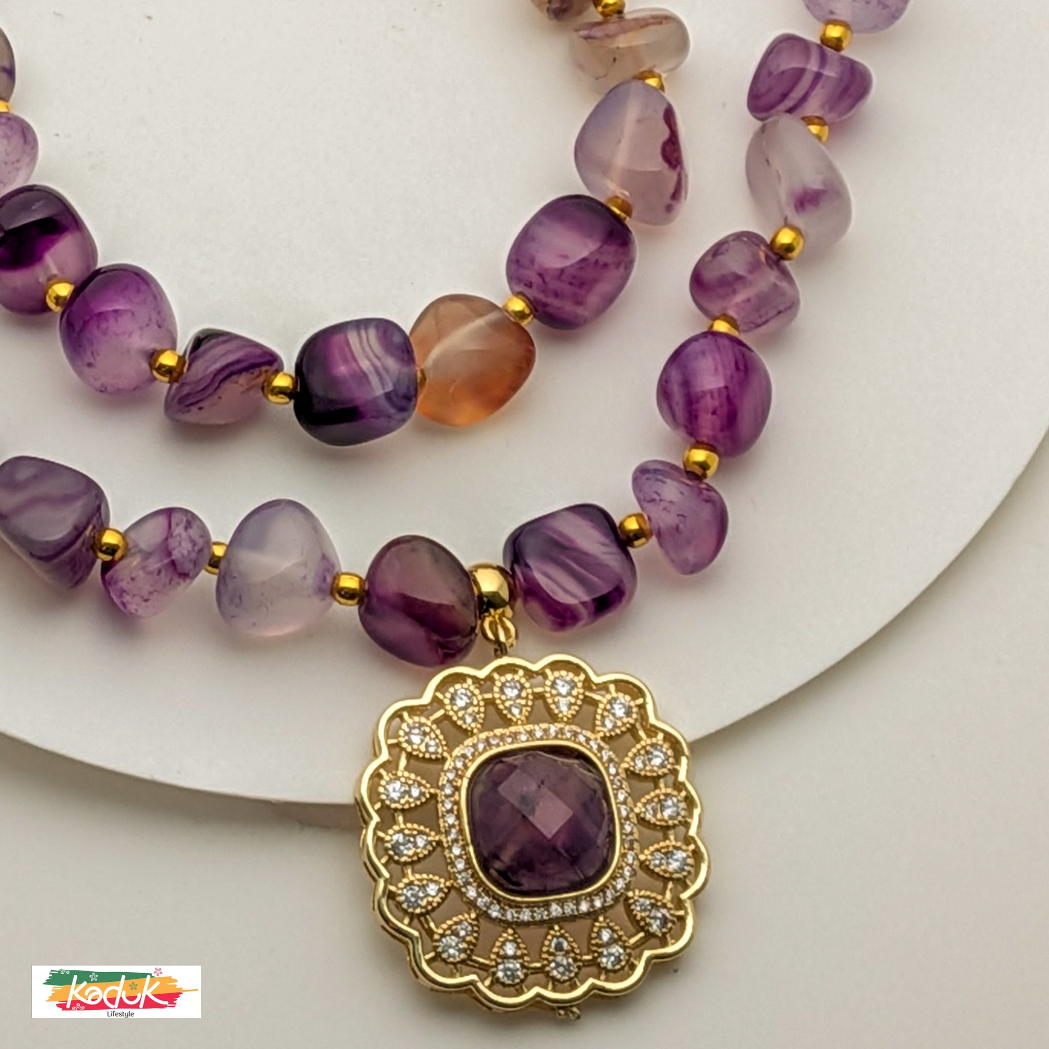 Amethyst Beaded Necklace with Gold-Tone Pendant