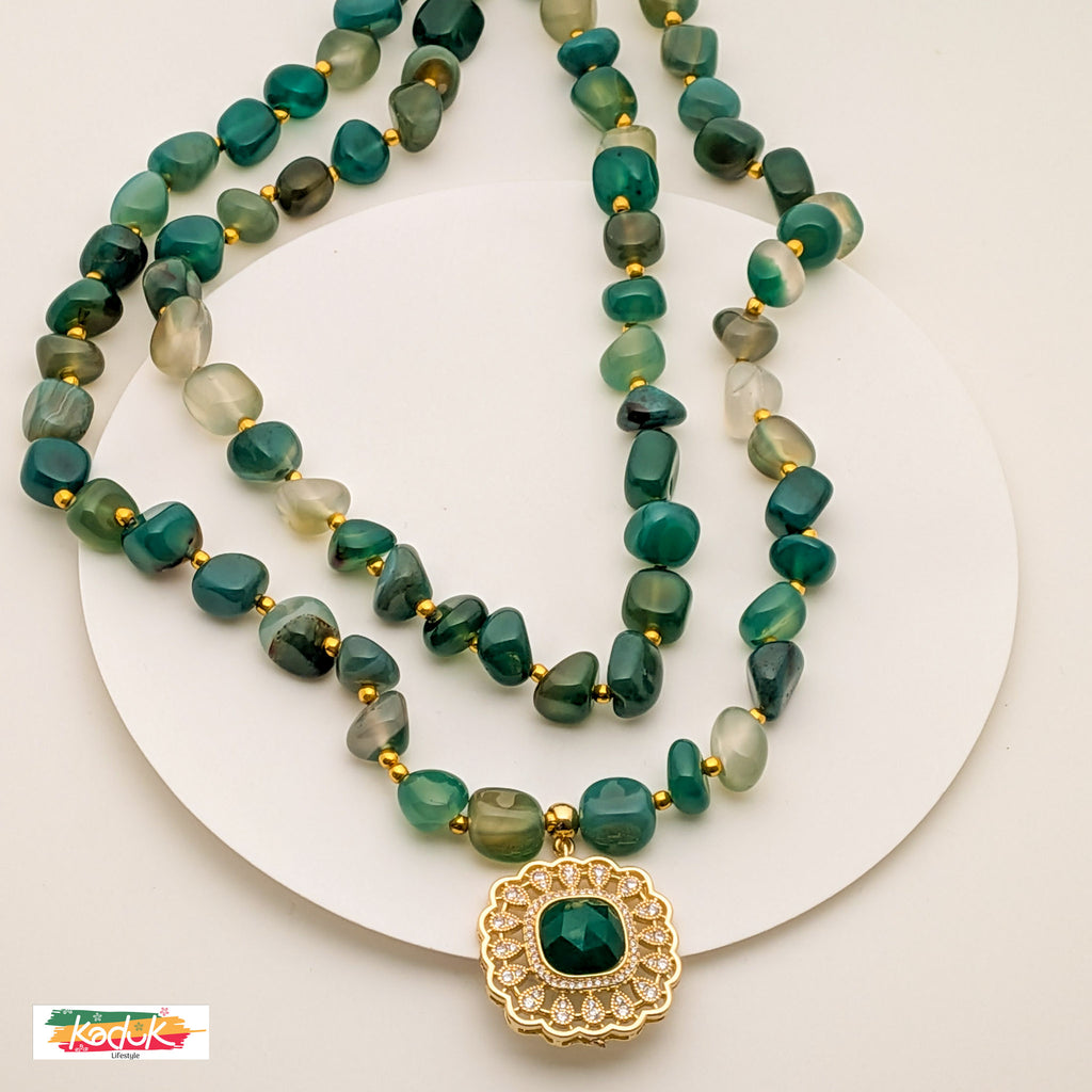 Green Beaded Necklace with Gold-Tone Designer Pendant