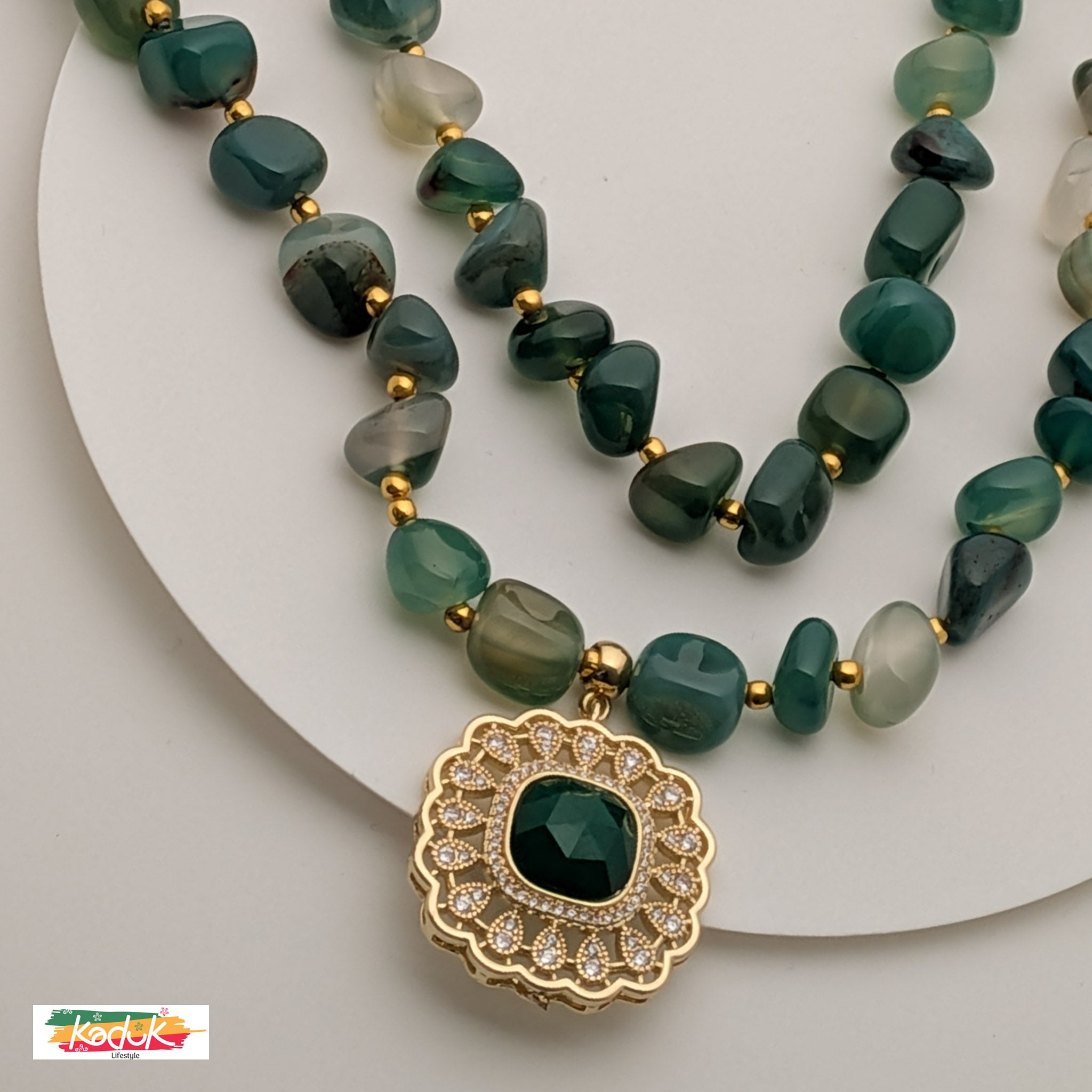 Green Beaded Necklace with Gold-Tone Designer Pendant