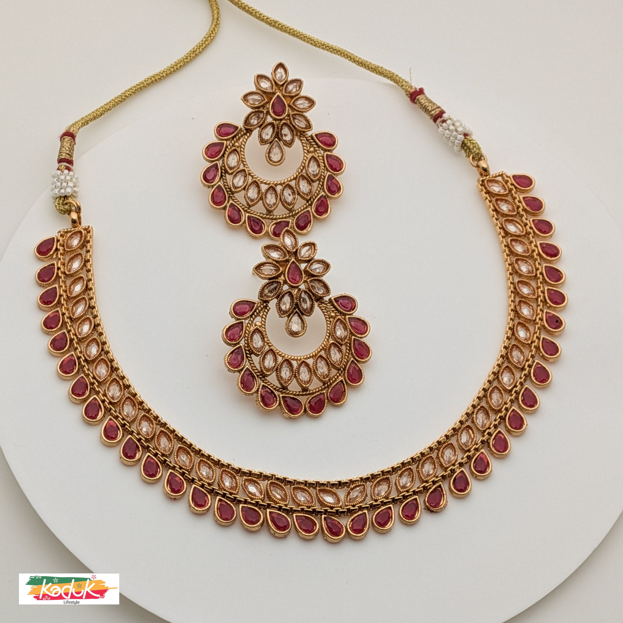 Gold-Plated Red & White AD Necklace Set with Earrings