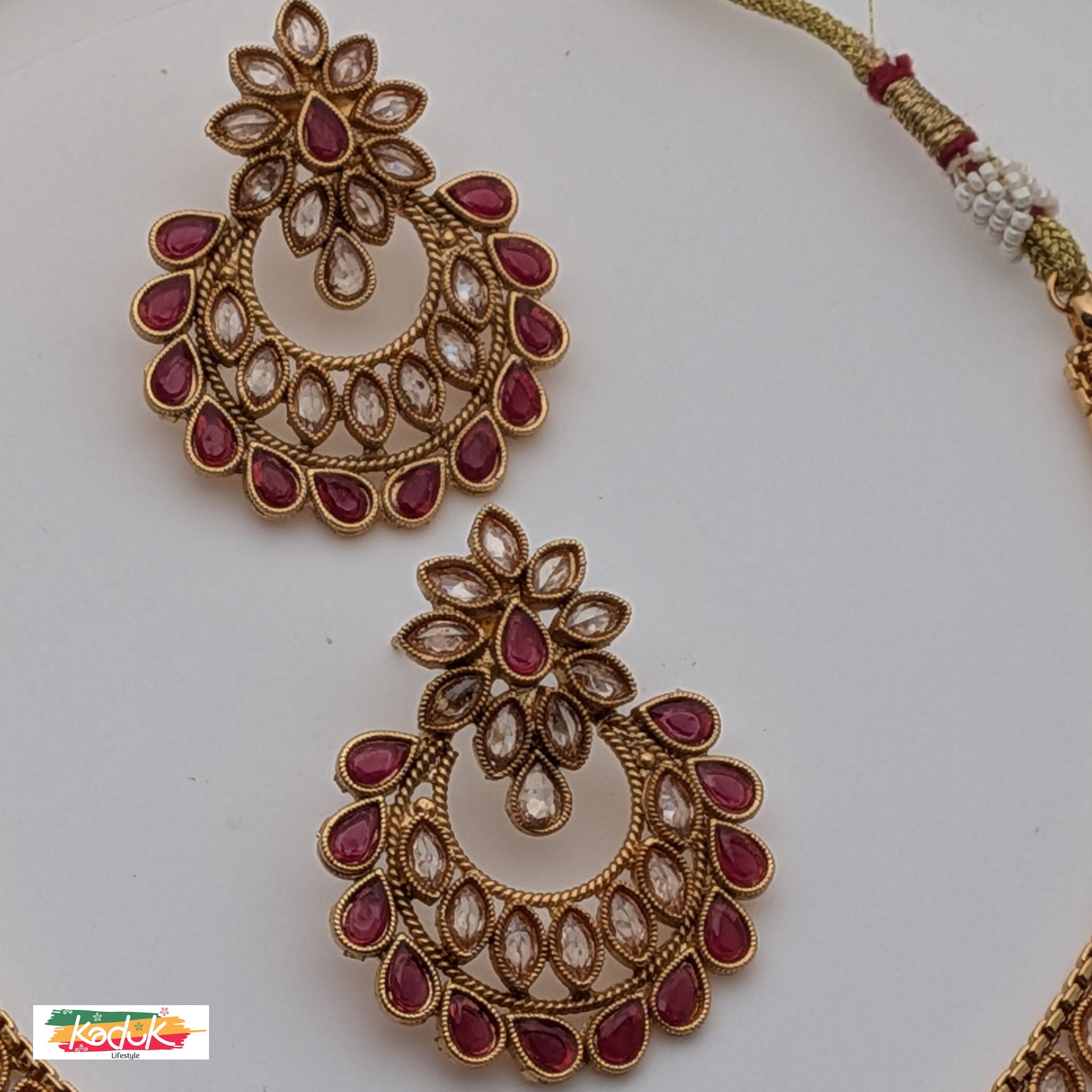 Gold-Plated Red & White AD Necklace Set with Earrings