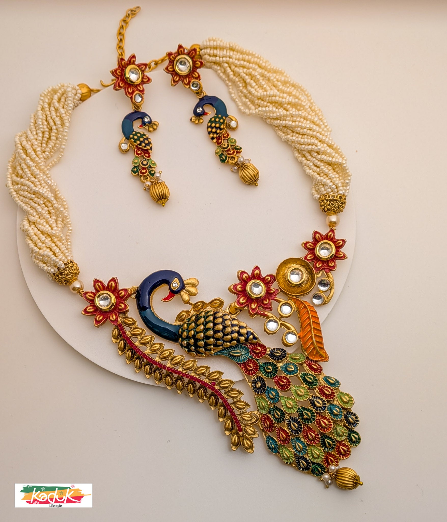 Designer Peacock Necklace & Earrings – Handcrafted with Pearls & Enamel Work