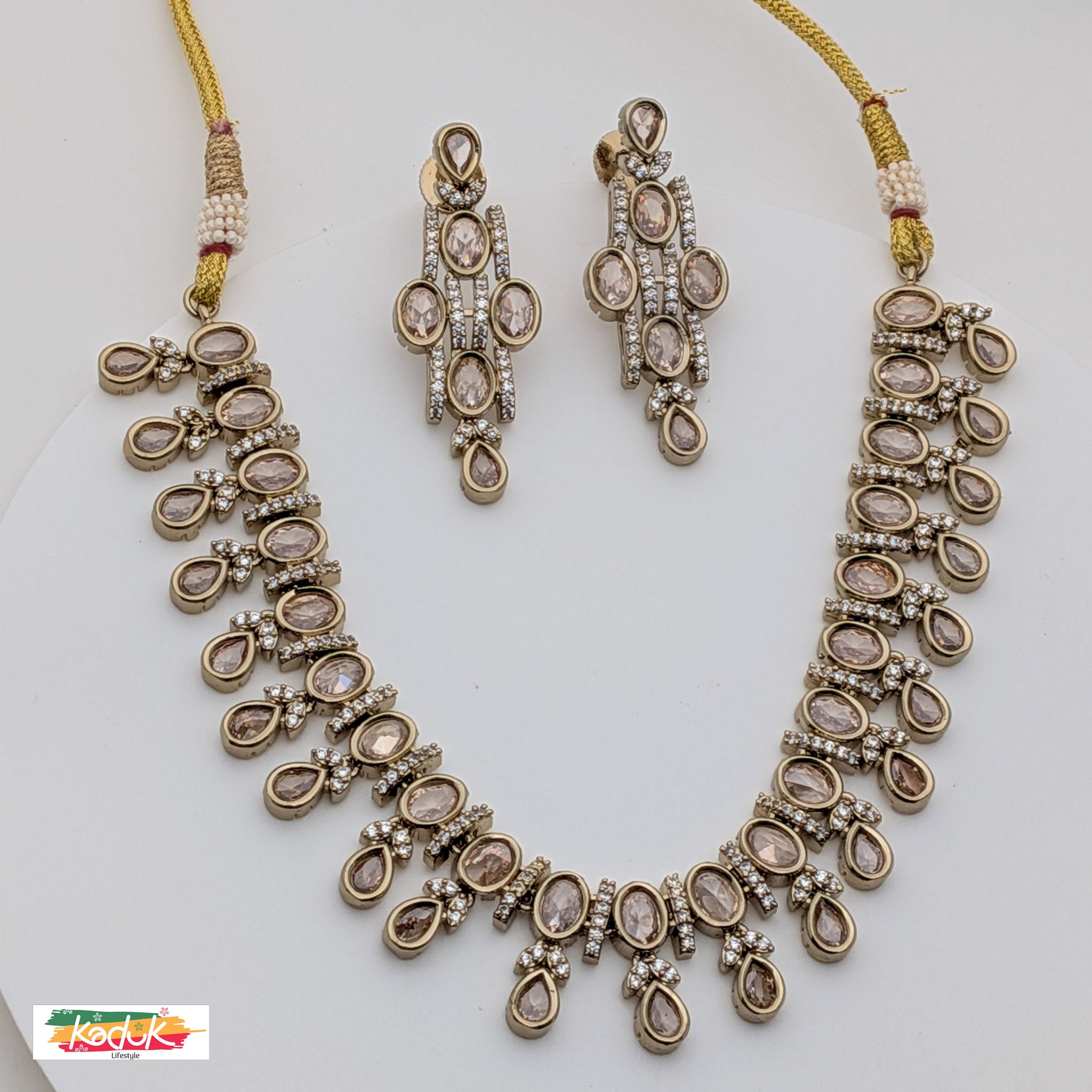 Gold-Plated AD Necklace Set with Drop Stones & Earrings