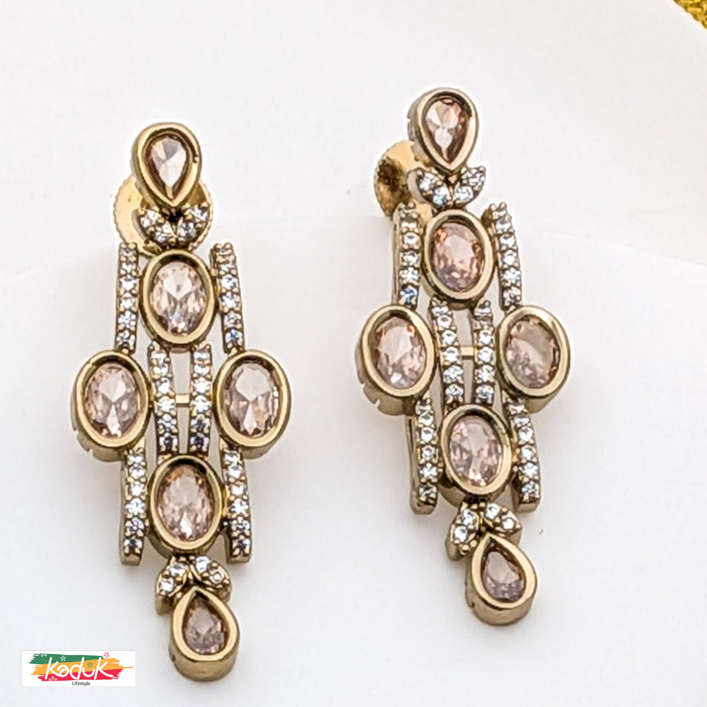 Gold-Plated AD Necklace Set with Drop Stones & Earrings