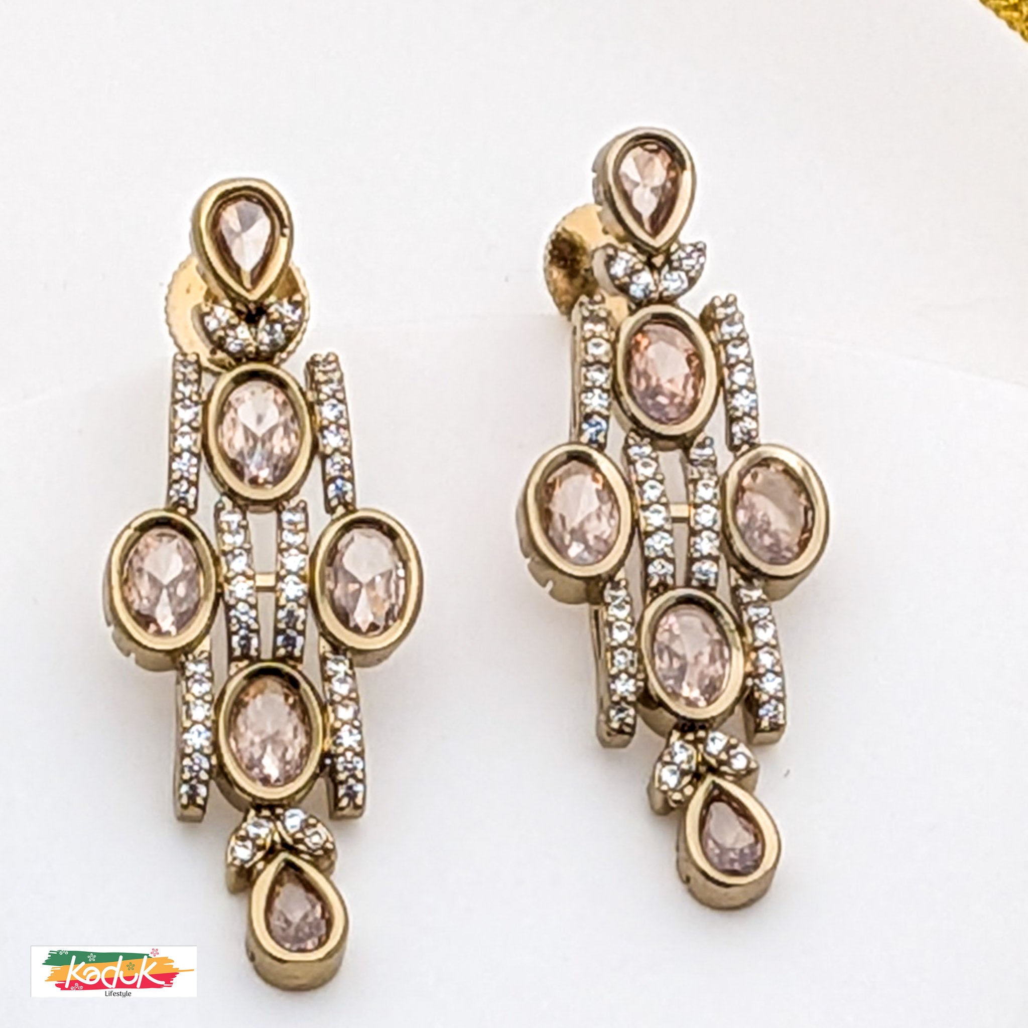 Gold-Plated AD Necklace Set with Drop Stones & Earrings