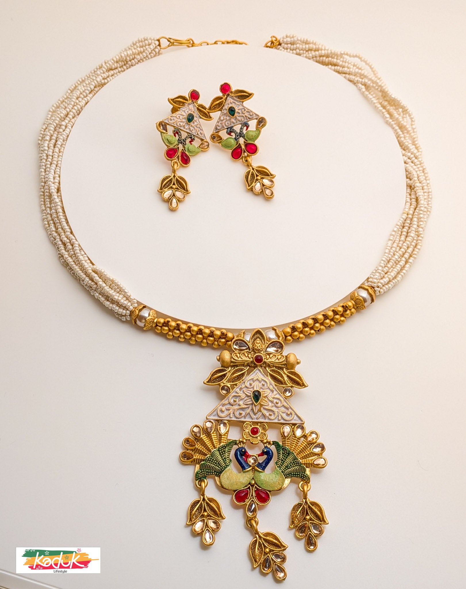 Handcrafted Enamel Peacock Pendant Necklace & Earrings – Pearl Strand Design