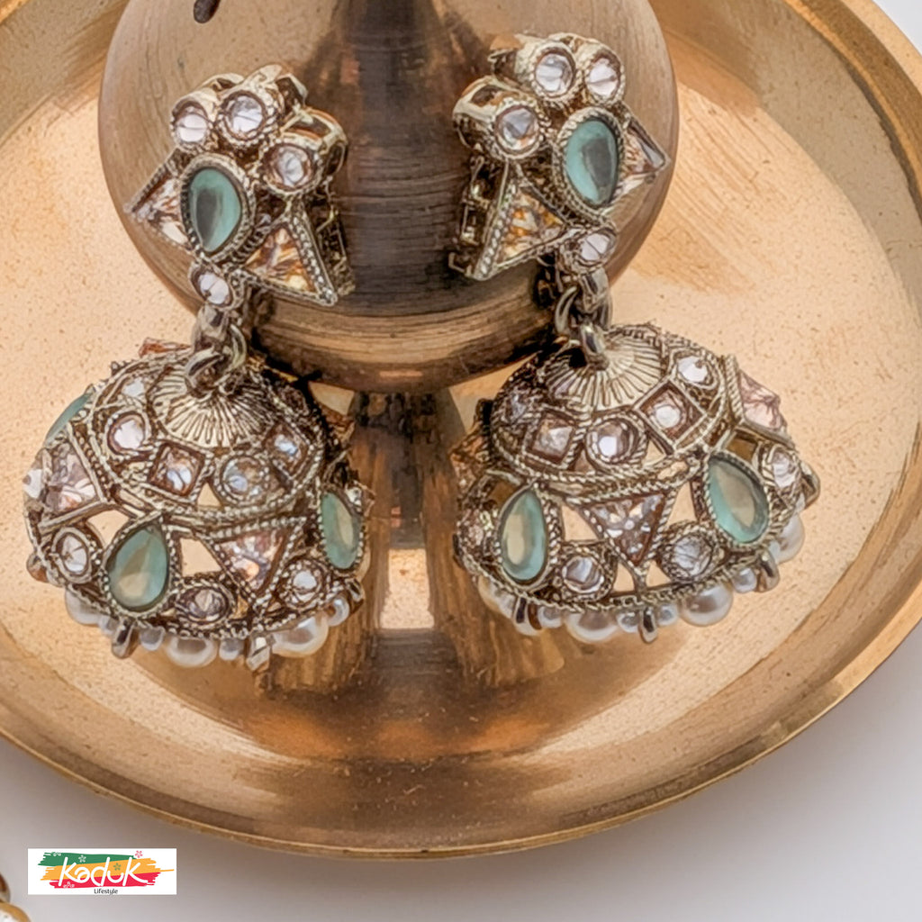Antique Gold-Plated Necklace Set with Green Stone , Jhumka Earrings & Maang Tikka