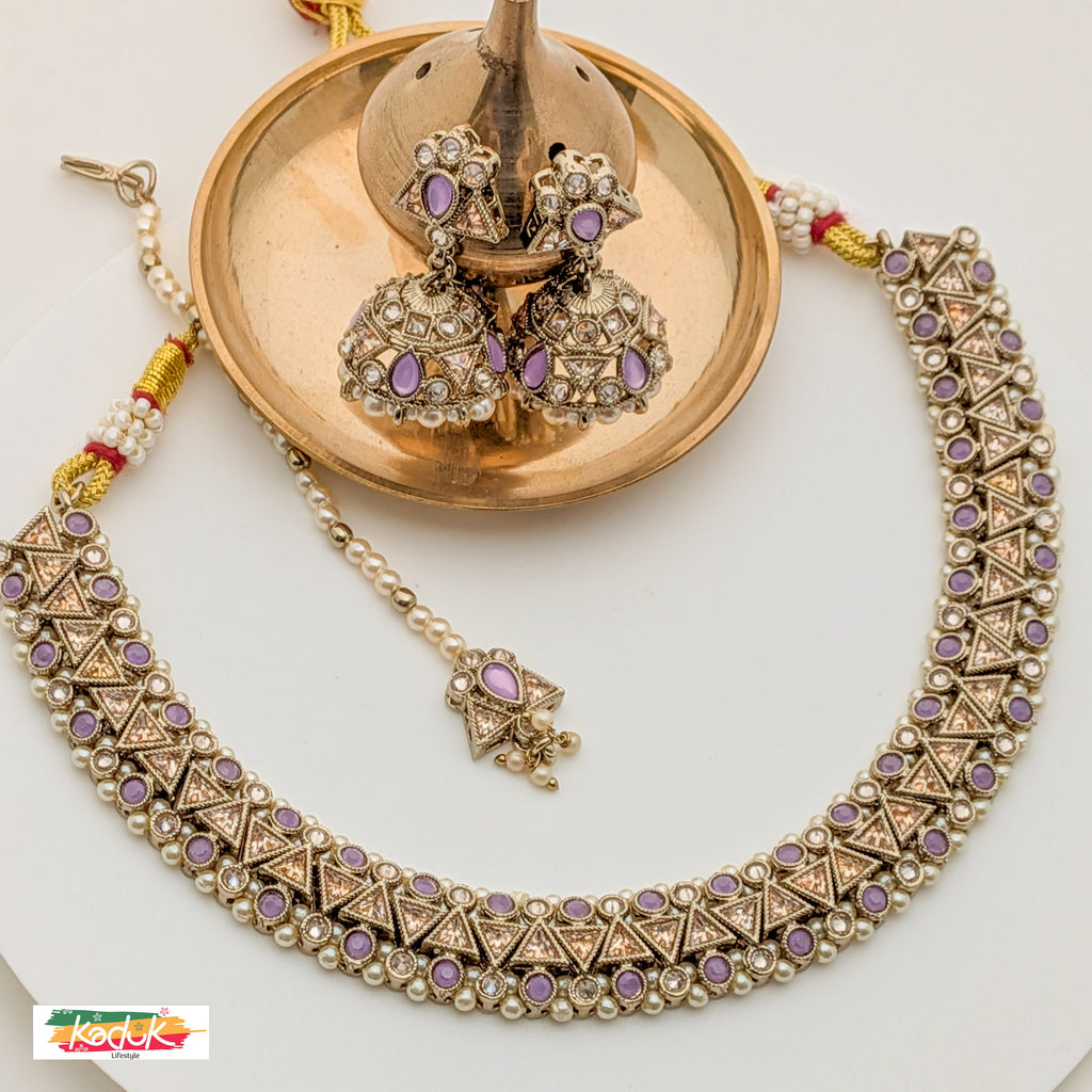 Antique Gold-Plated Necklace Set with Lavender Stones , Jhumka Earrings & Maang Tikka