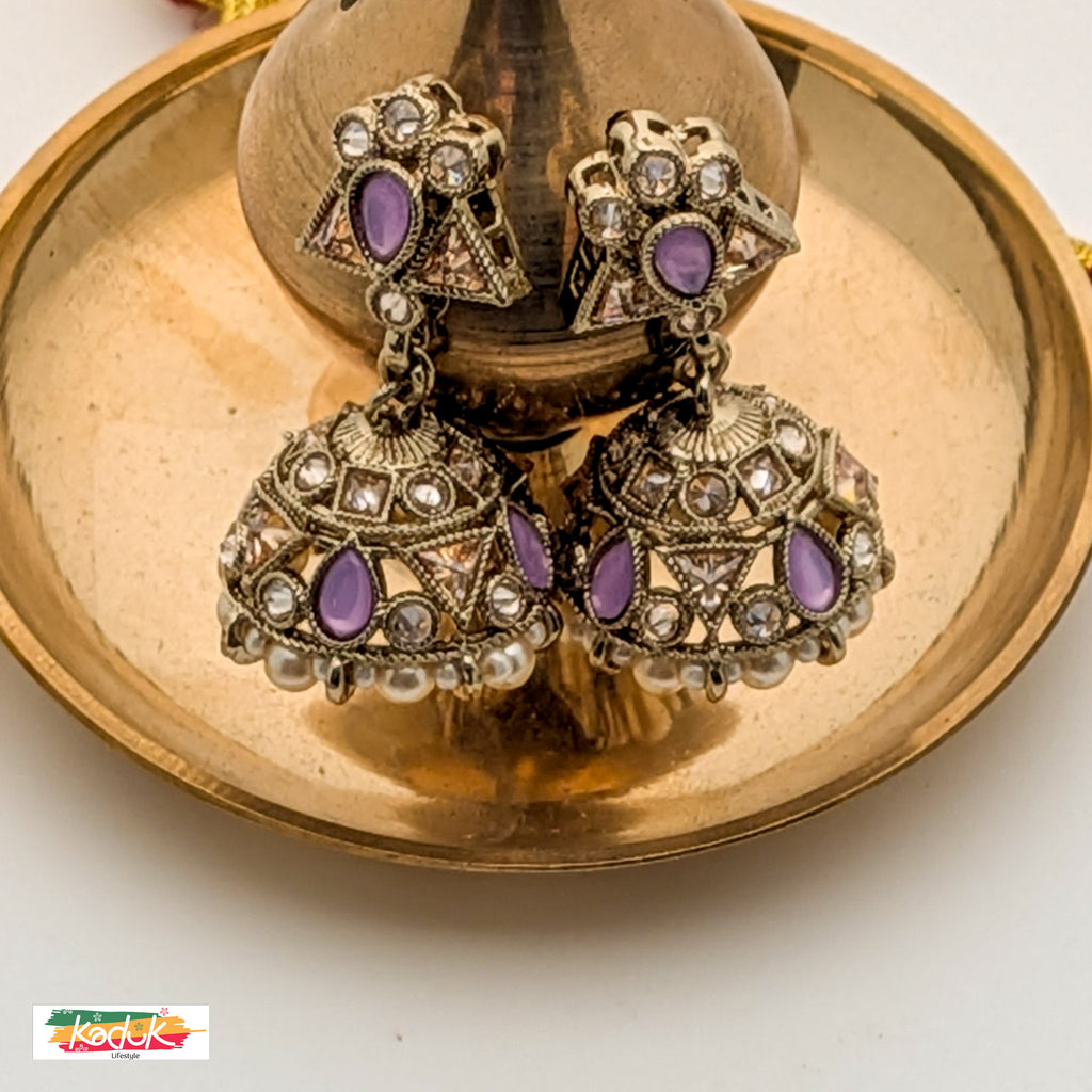 Antique Gold-Plated Necklace Set with Lavender Stones , Jhumka Earrings & Maang Tikka