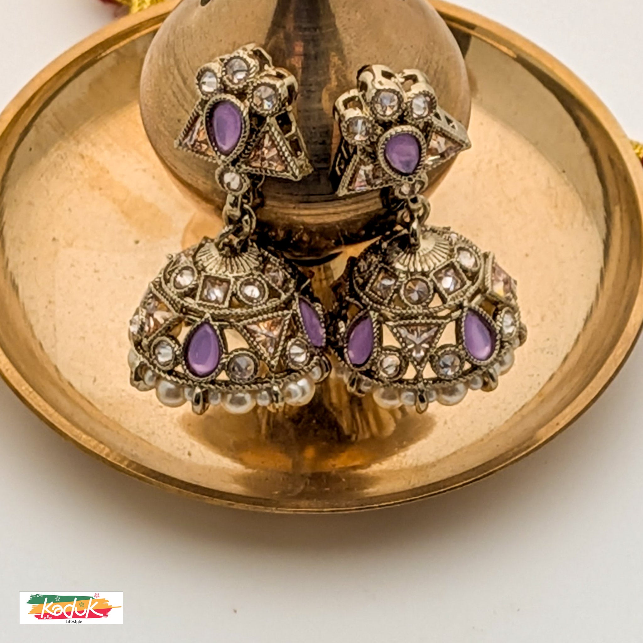 Antique Gold-Plated Necklace Set with Lavender Stones , Jhumka Earrings & Maang Tikka