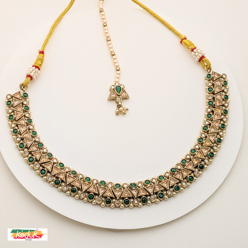 ntique Gold-Plated Necklace Set with Green Stones , Jhumka Earrings & Maang Tikka