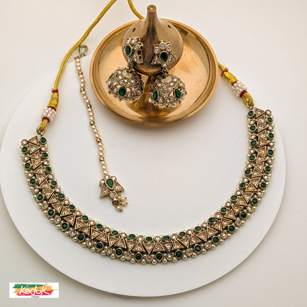 ntique Gold-Plated Necklace Set with Green Stones , Jhumka Earrings & Maang Tikka