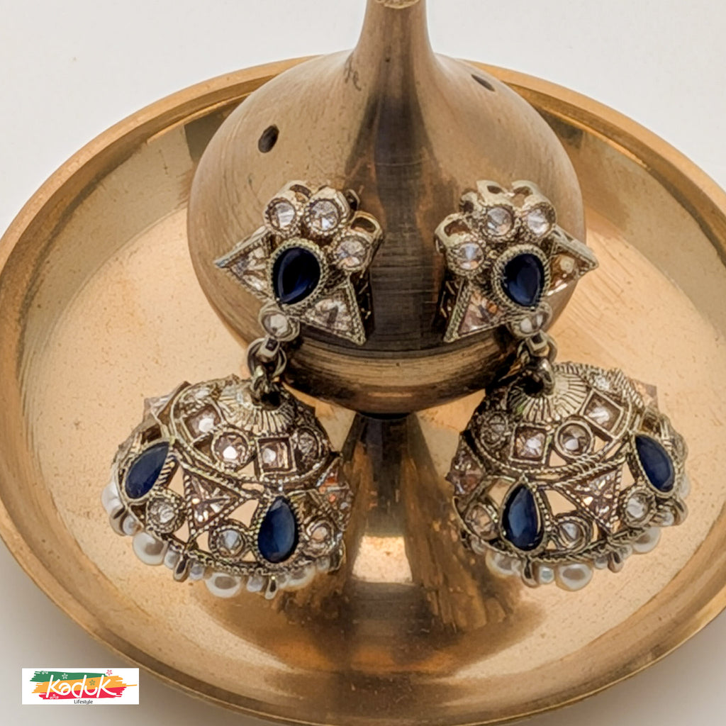 Antique Gold-Plated Necklace Set with Royal Blue  Stones, Jhumka Earrings and Maang Tikka