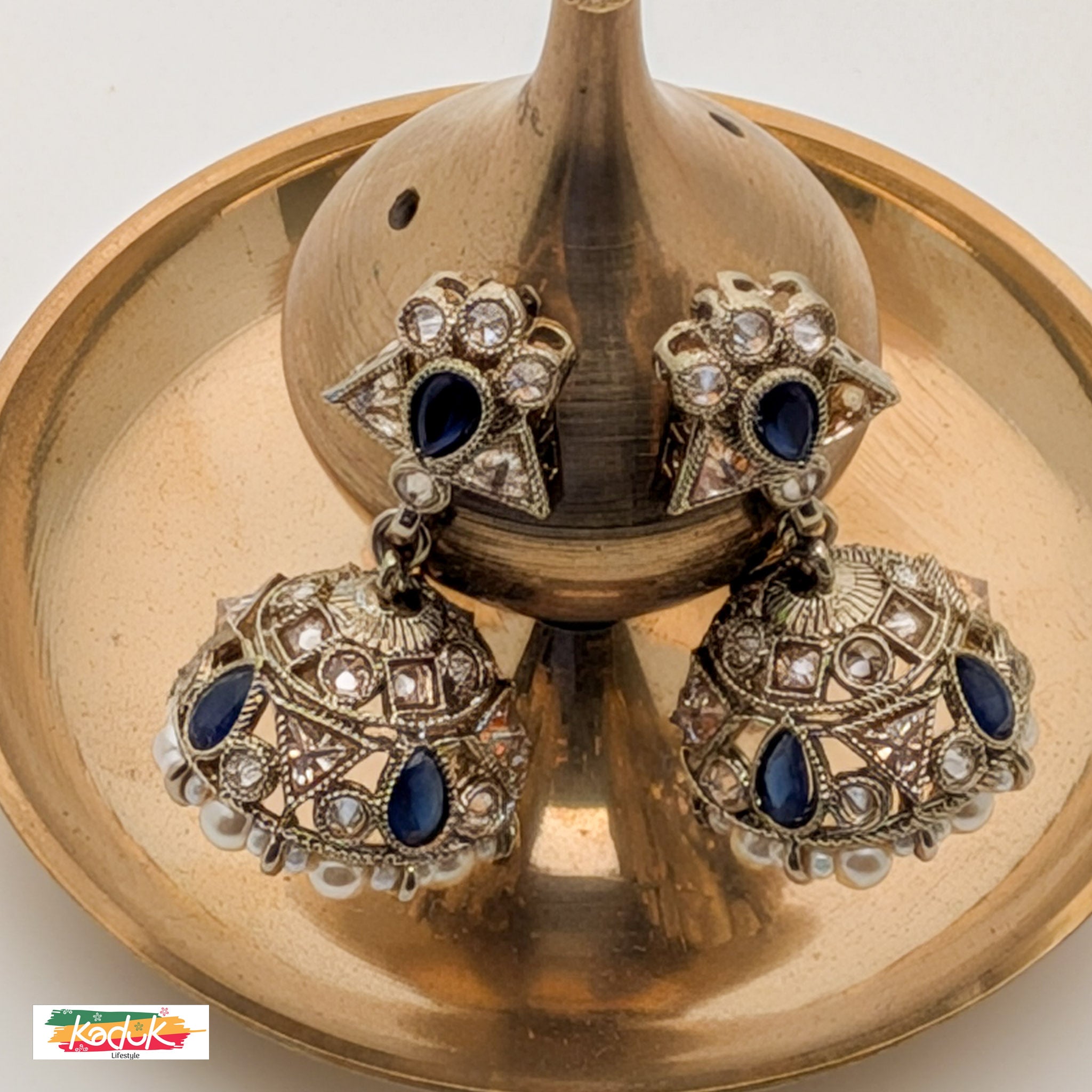 Antique Gold-Plated Necklace Set with Royal Blue  Stones, Jhumka Earrings and Maang Tikka