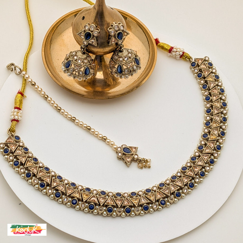 Antique Gold-Plated Necklace Set with Royal Blue  Stones, Jhumka Earrings and Maang Tikka