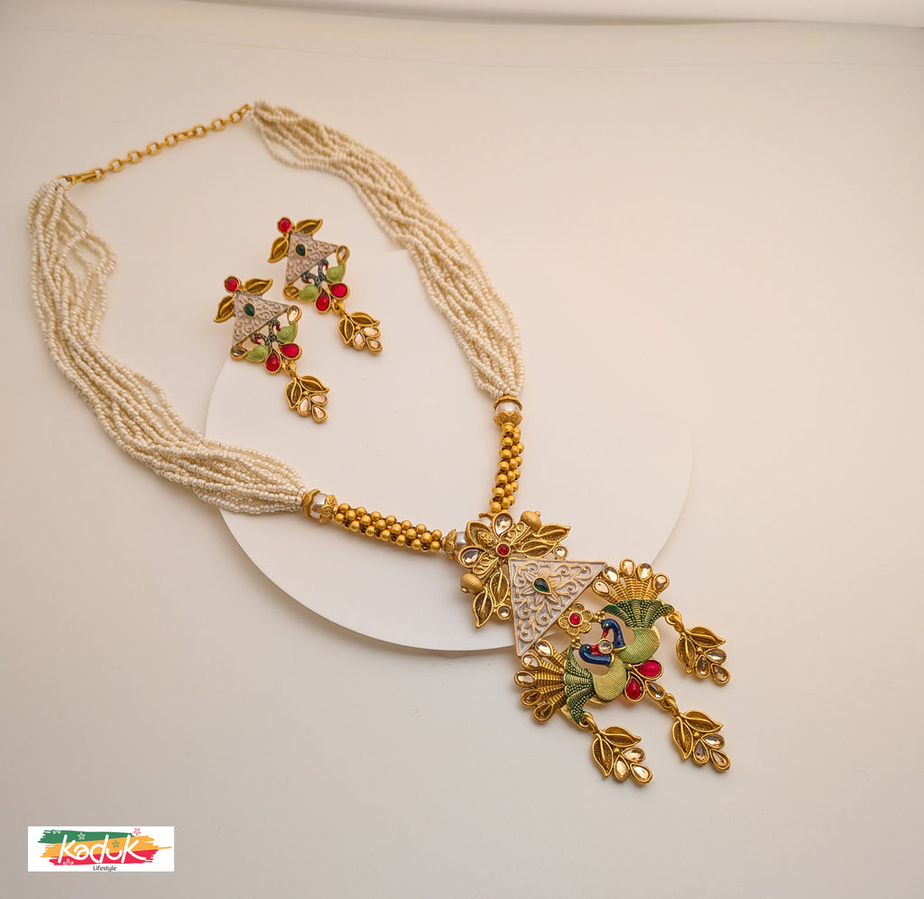 Handcrafted Enamel Peacock Pendant Necklace & Earrings – Pearl Strand Design