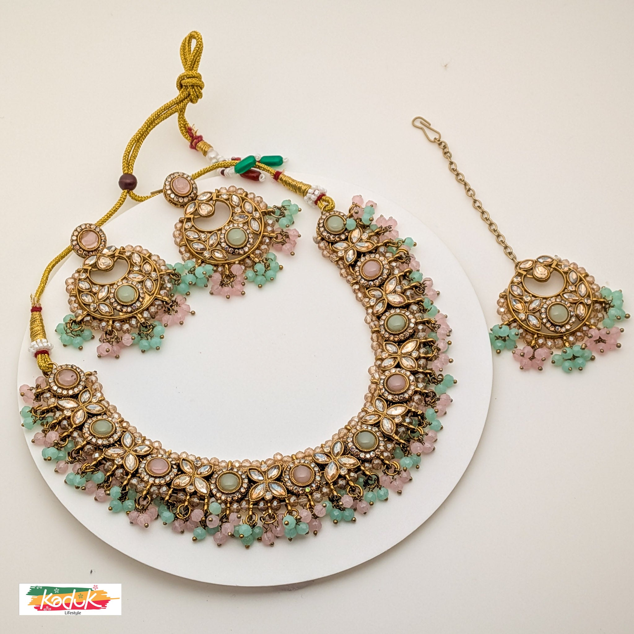 Gold-Plated Kundan Necklace Set with Green and Pink  Beads, Earrings & Maang Tikka