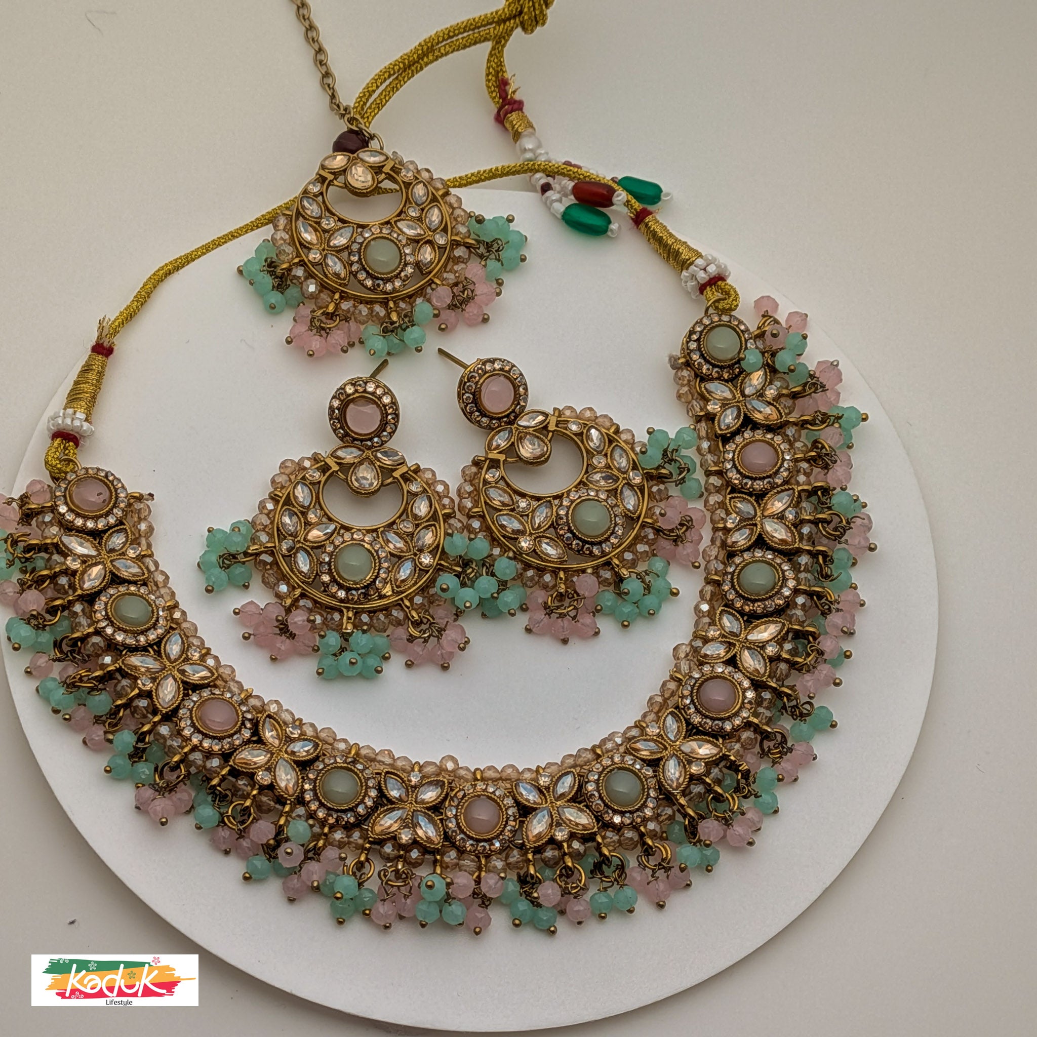 Gold-Plated Kundan Necklace Set with Green and Pink  Beads, Earrings & Maang Tikka