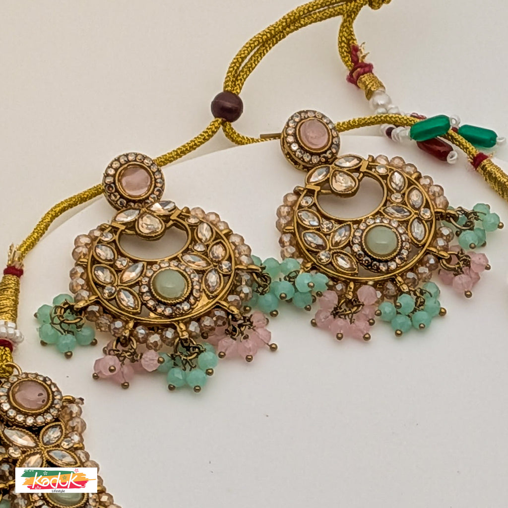 Gold-Plated Kundan Necklace Set with Green and Pink  Beads, Earrings & Maang Tikka