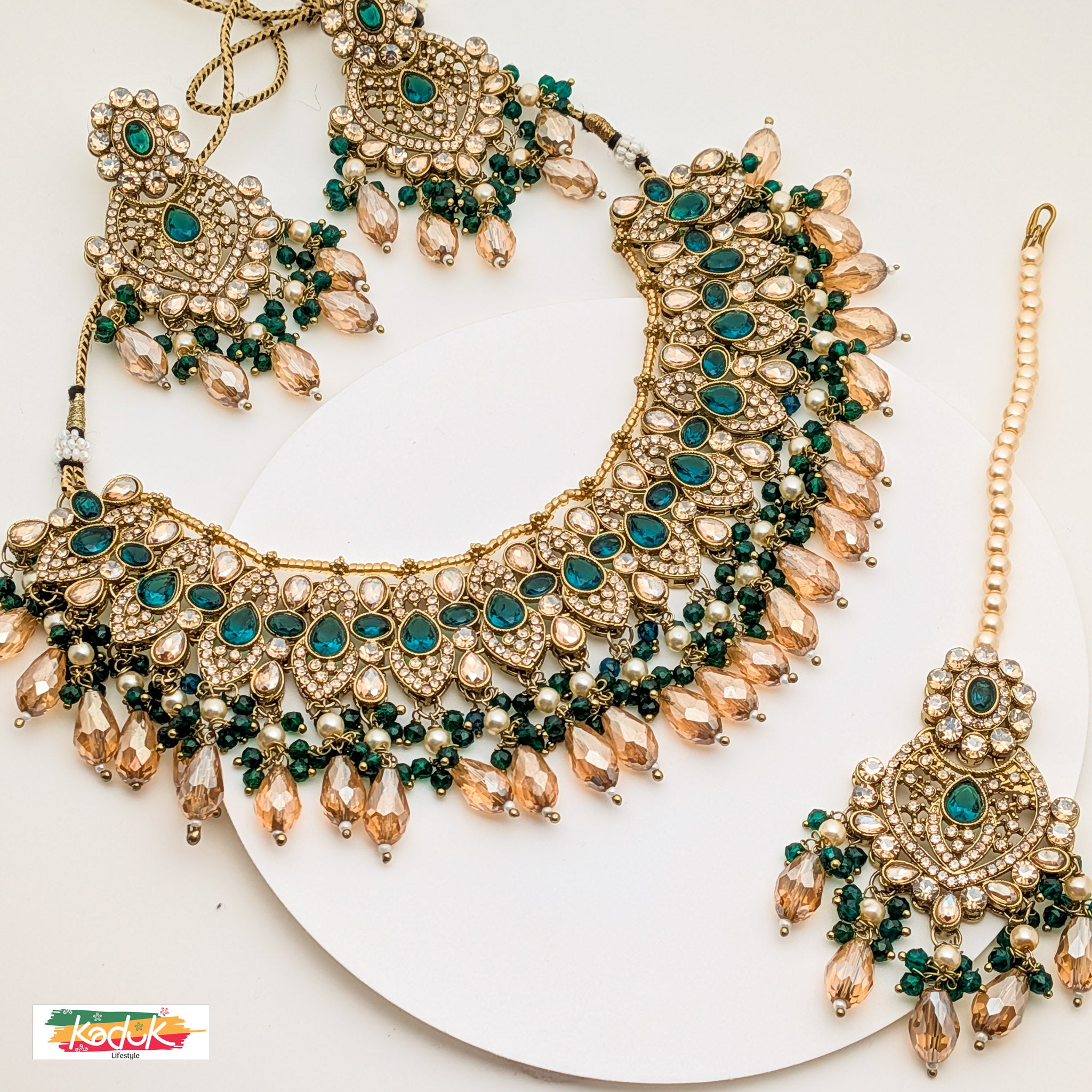 Gold-Plated Kundan Necklace Set with Green & Champagne Beads, Earrings & Maang Tikka