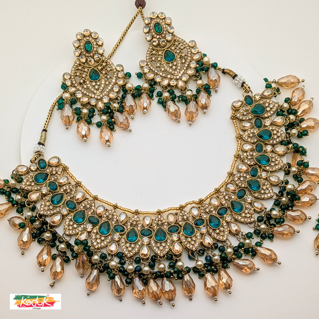 Gold-Plated Kundan Necklace Set with Green & Champagne Beads, Earrings & Maang Tikka