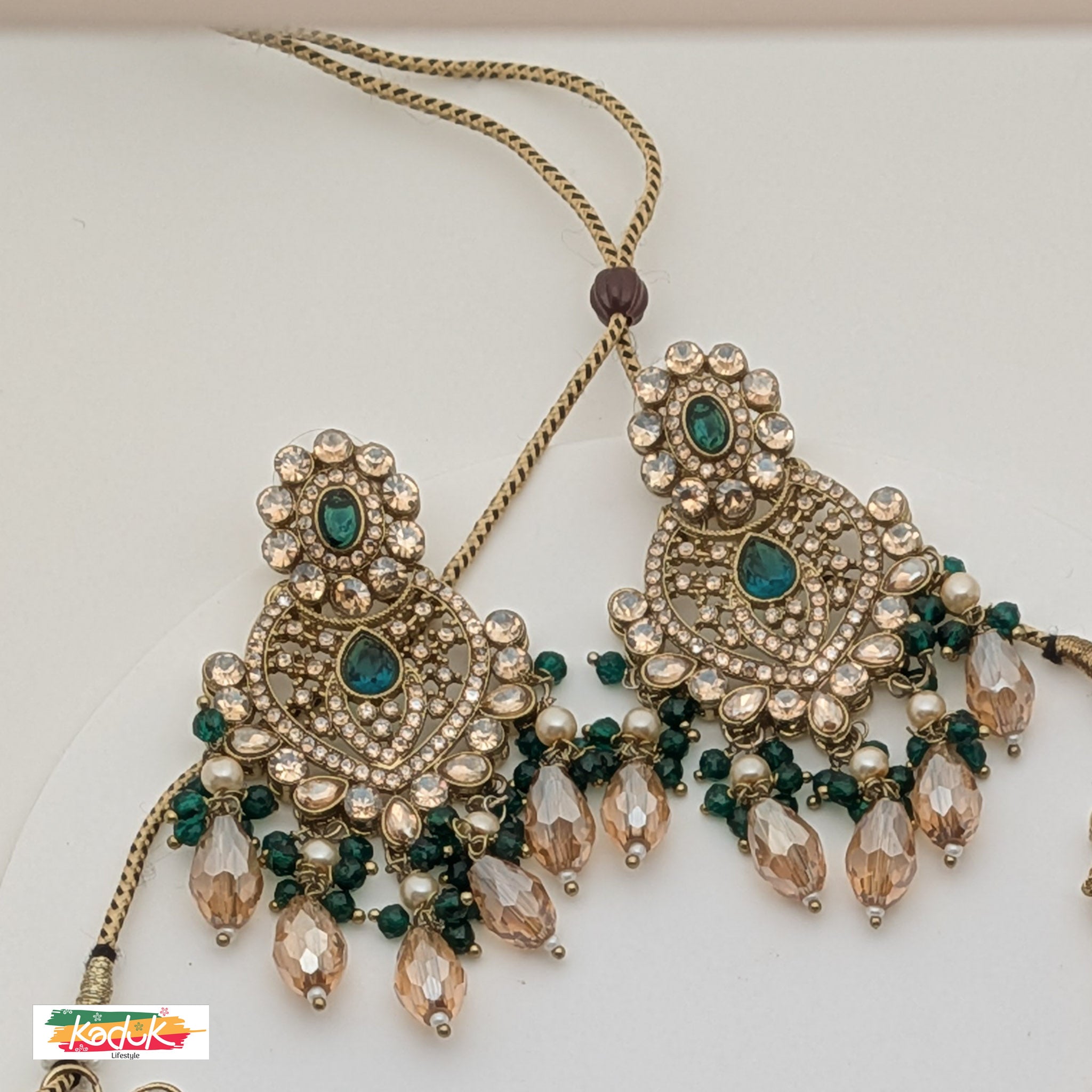 Gold-Plated Kundan Necklace Set with Green & Champagne Beads, Earrings & Maang Tikka
