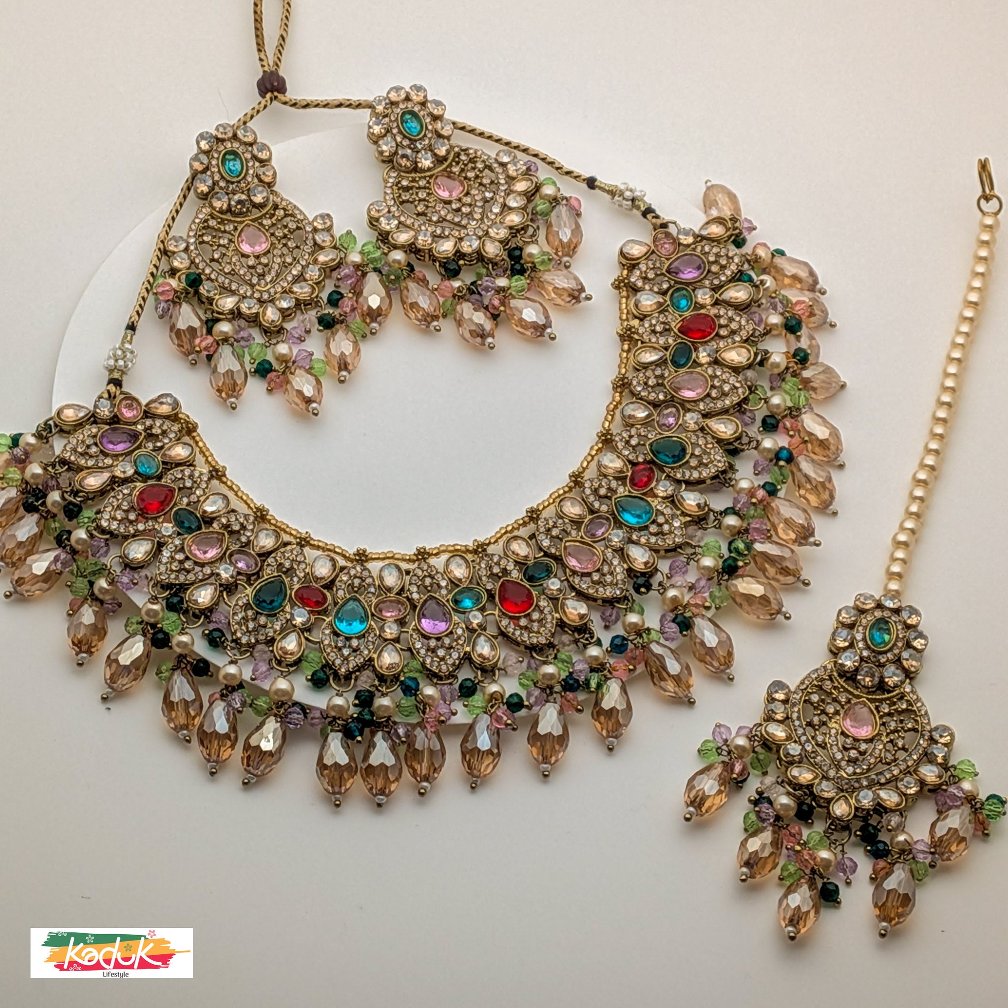 Gold-Plated Multicolor Kundan Necklace Set with Earrings & Maang Tikka