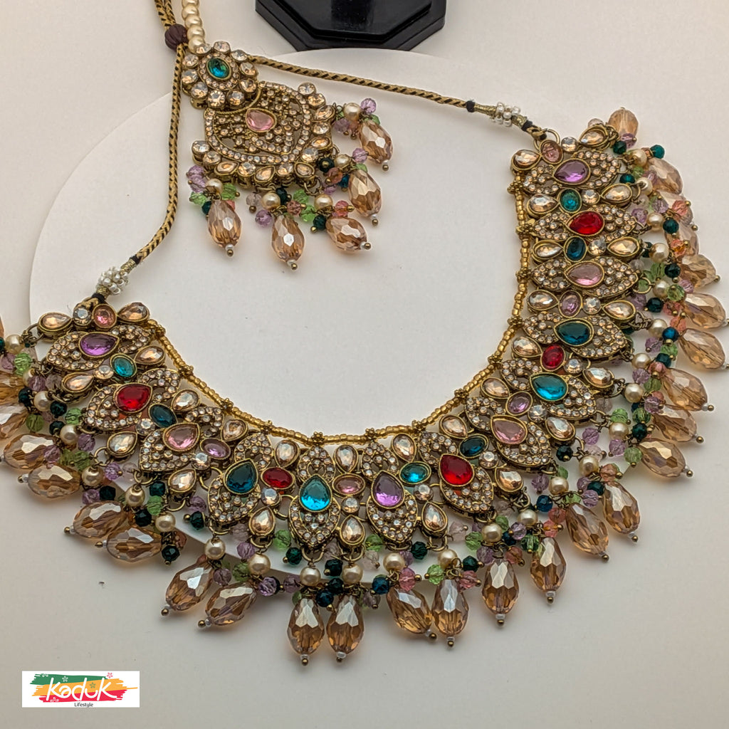 Gold-Plated Multicolor Kundan Necklace Set with Earrings & Maang Tikka