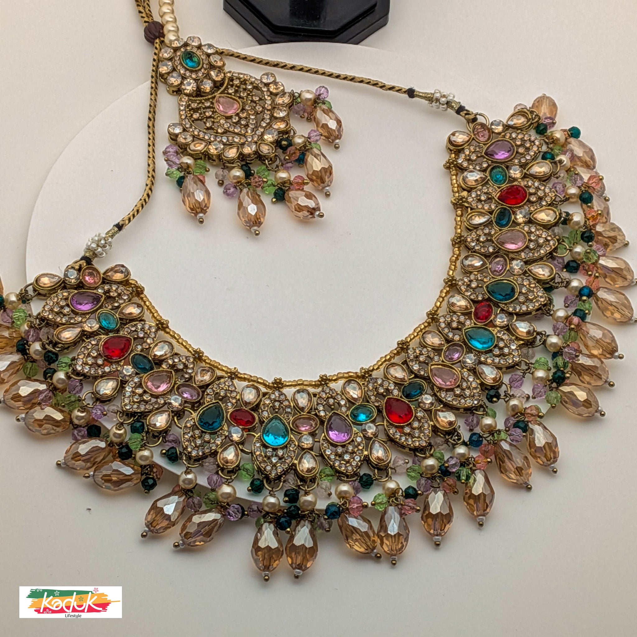 Gold-Plated Multicolor Kundan Necklace Set with Earrings & Maang Tikka