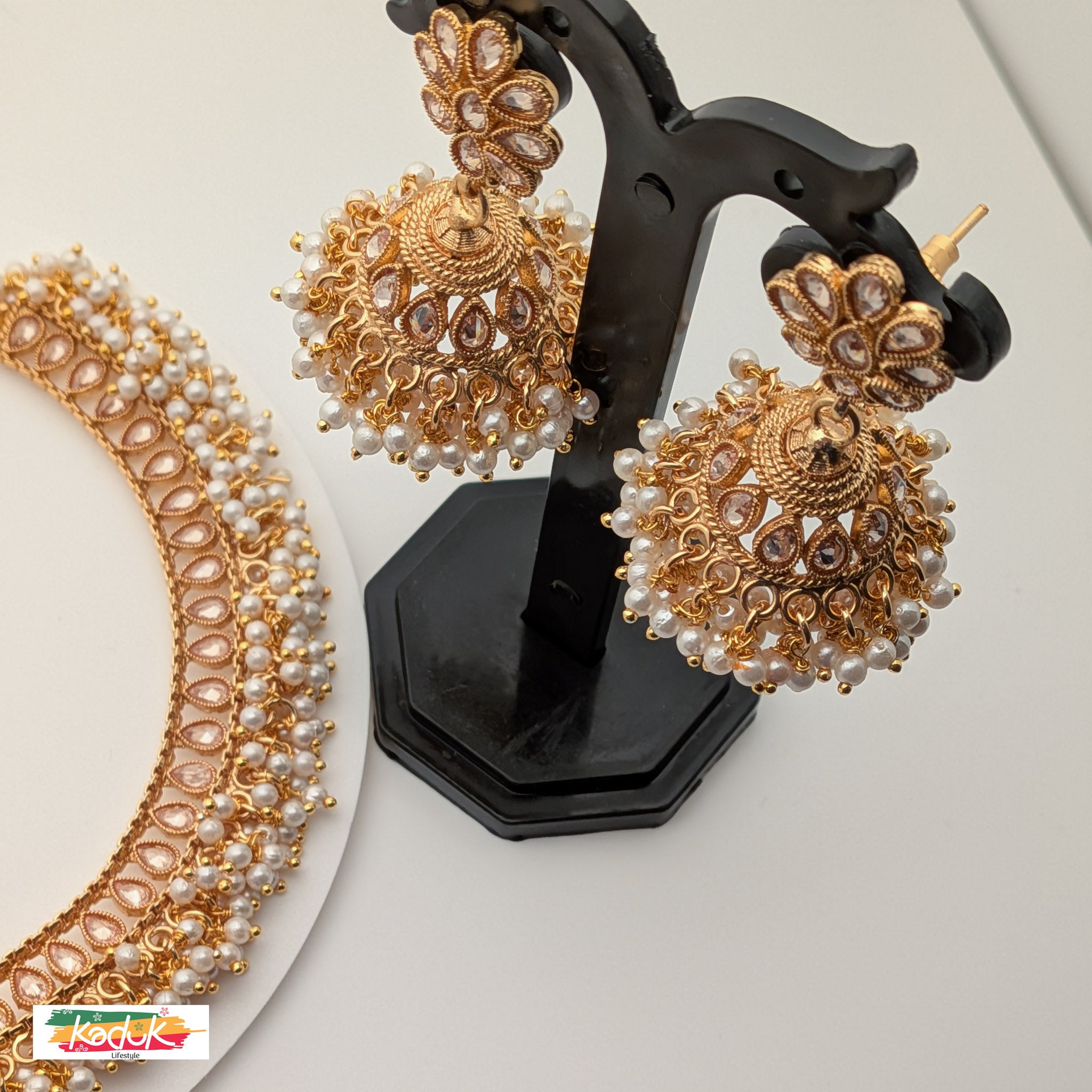 Gold-Plated Pearl Choker Necklace Set with Jhumka Earrings