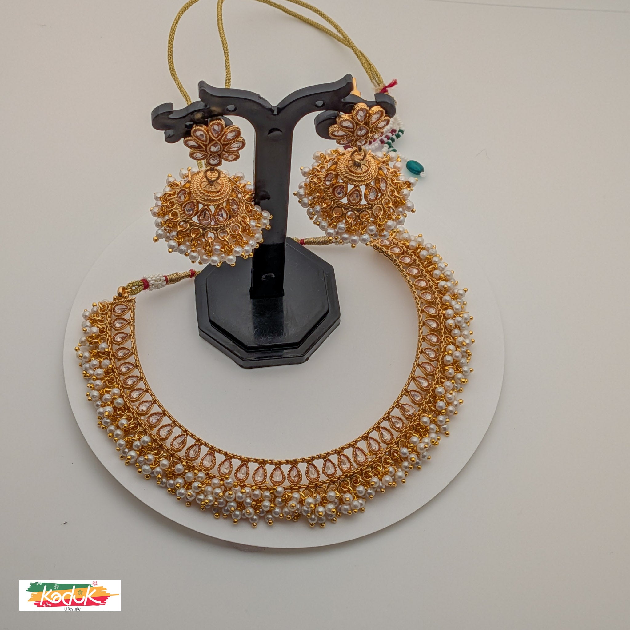 Gold-Plated Pearl Choker Necklace Set with Jhumka Earrings