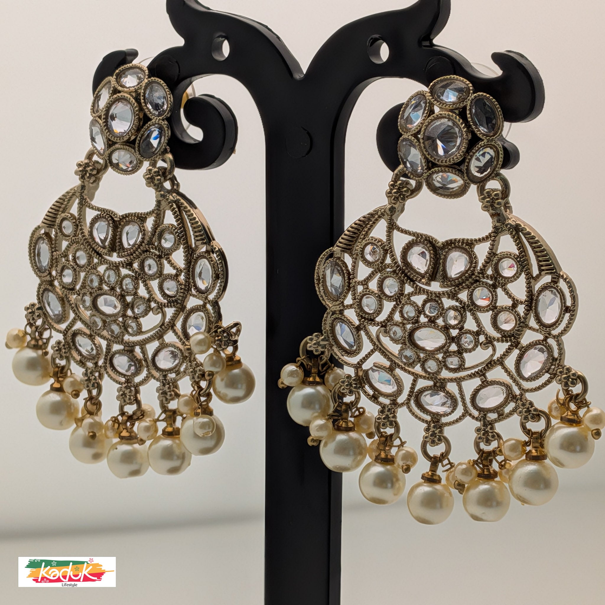 Gold-Plated AD Chandbali Earrings with Pearl Drops