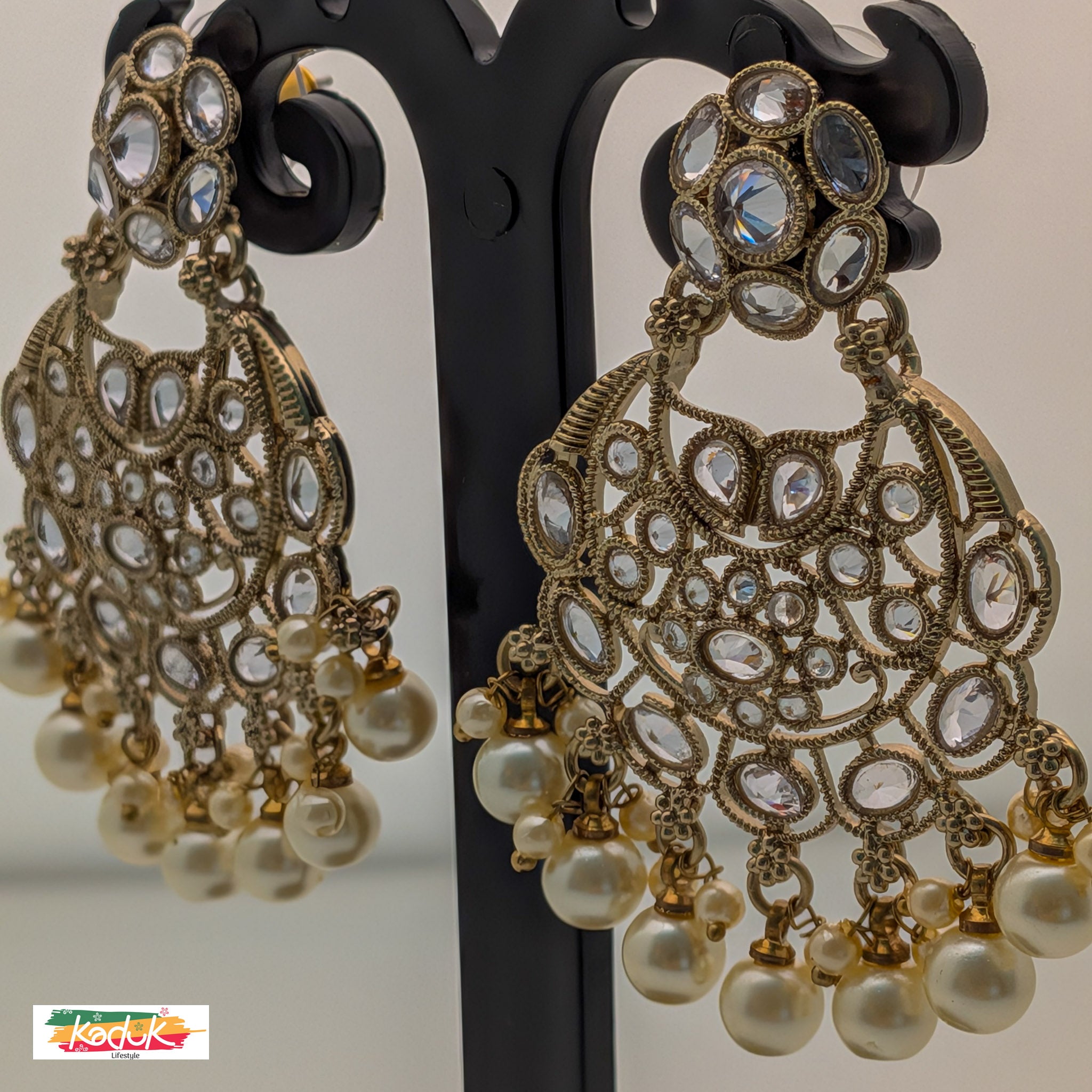 Gold-Plated AD Chandbali Earrings with Pearl Drops