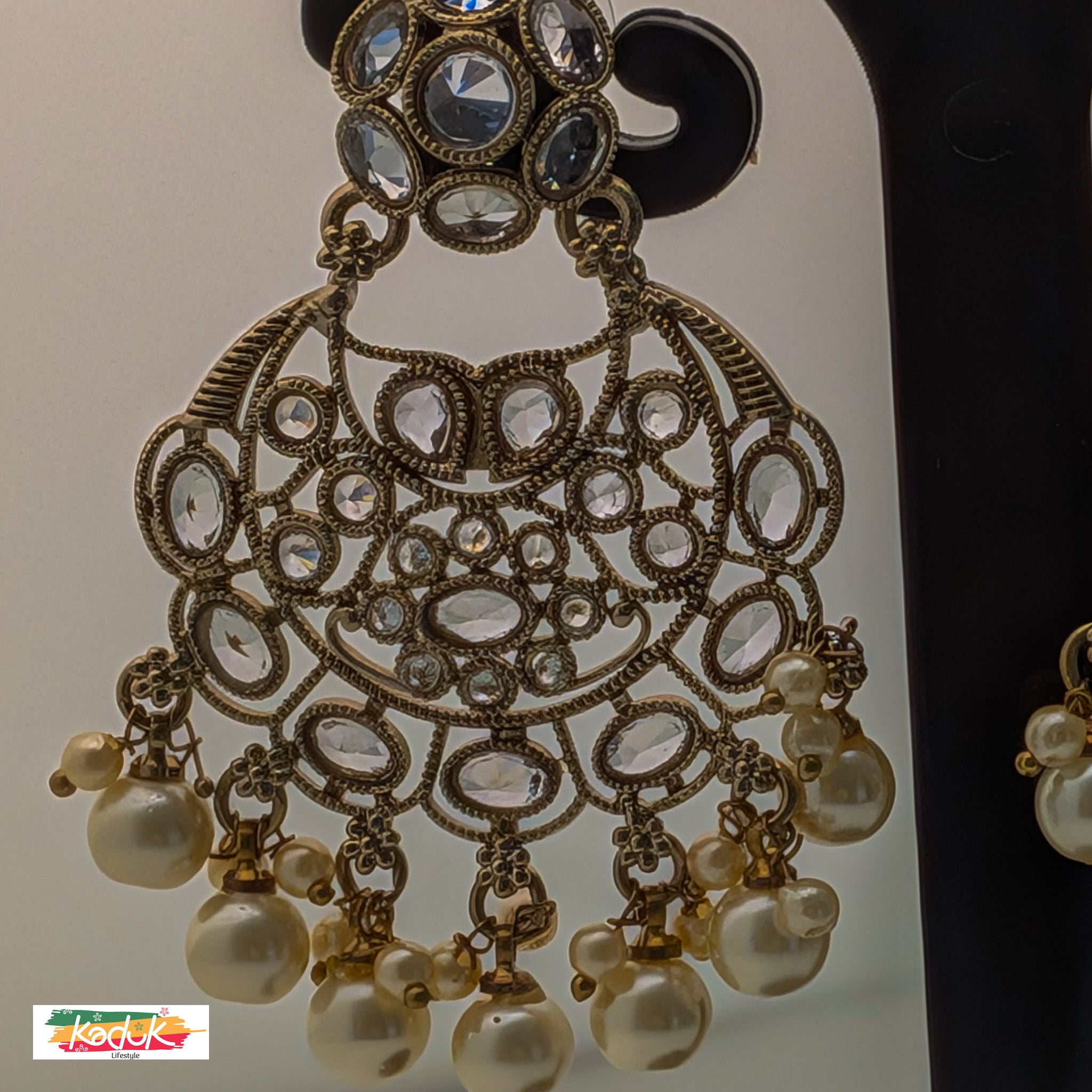 Gold-Plated AD Chandbali Earrings with Pearl Drops