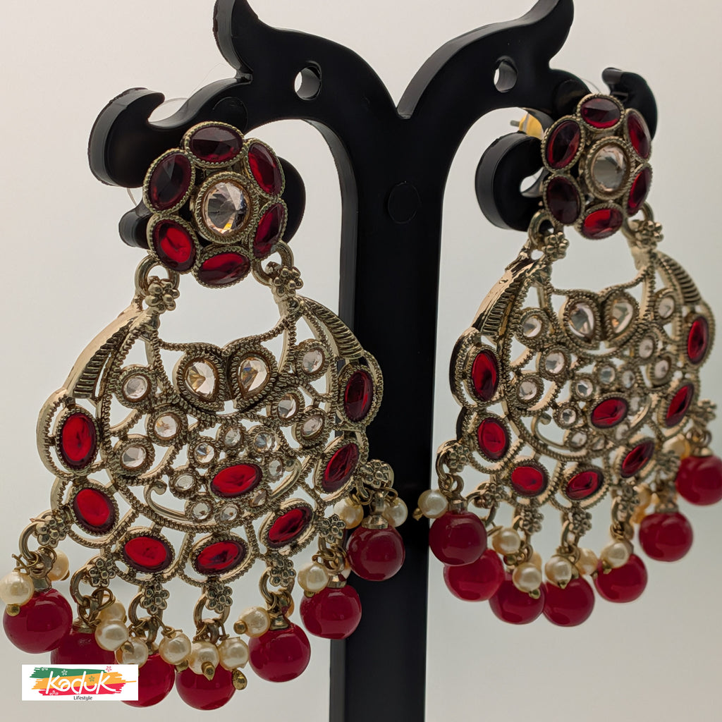 Gold-Plated AD Chandbali Earrings with Maroon Pearl Drops