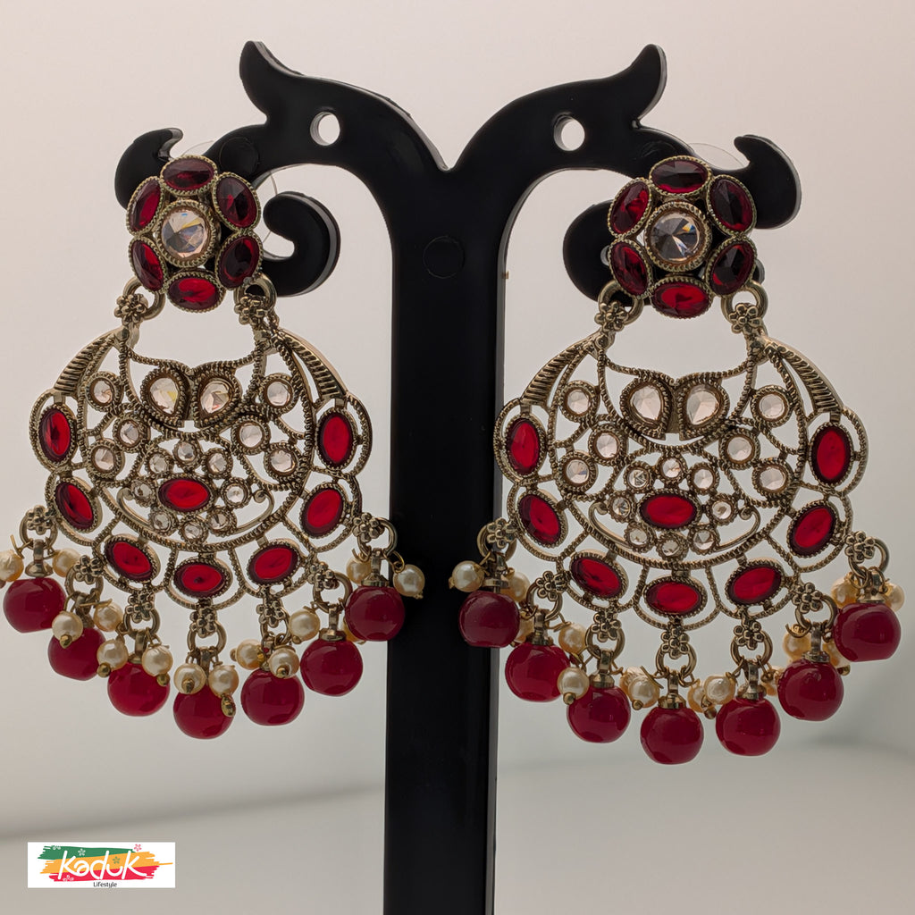 Gold-Plated AD Chandbali Earrings with Maroon Pearl Drops