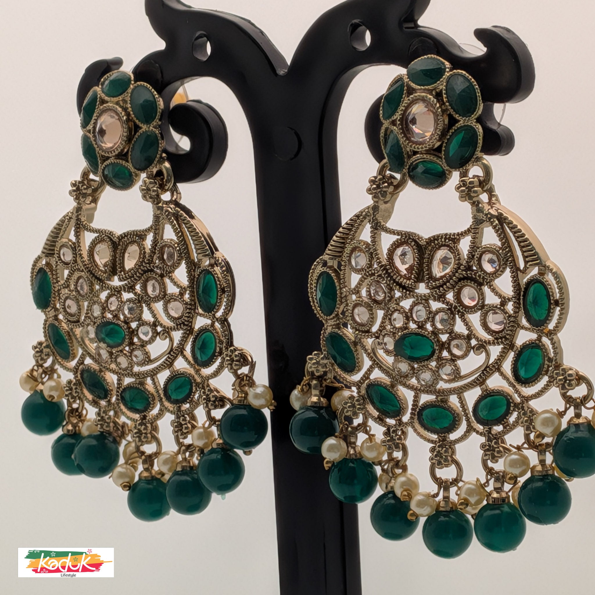Gold-Plated AD Chandbali Earrings with Green Pearl Drops
